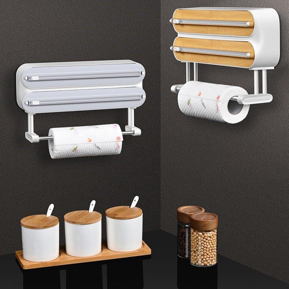 Dispensador De Película Adhesiva con Cortador, 3 En 1 Soporte para Rollo De Cocina Medro Muro De Aluminio Recargador De Aluminio Dispensador De Papel De Aluminio con Toalla De Papel
