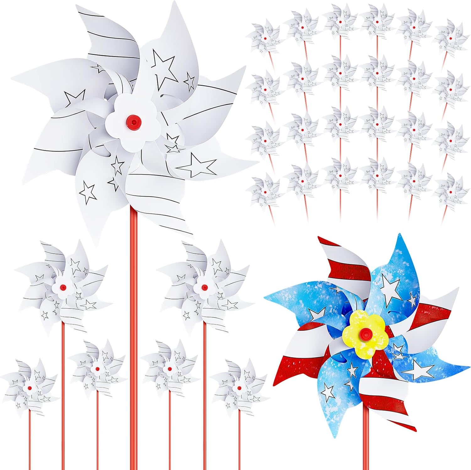 100 Pcs 4th of July Decorations DIY American Flag Pinwheels, 250th Anniversary Patriotic Craft Bulk, Blank Pinwheels for Independence Day, Memorial Day July of 4th Party Favors Supplies (Eight Leaf)