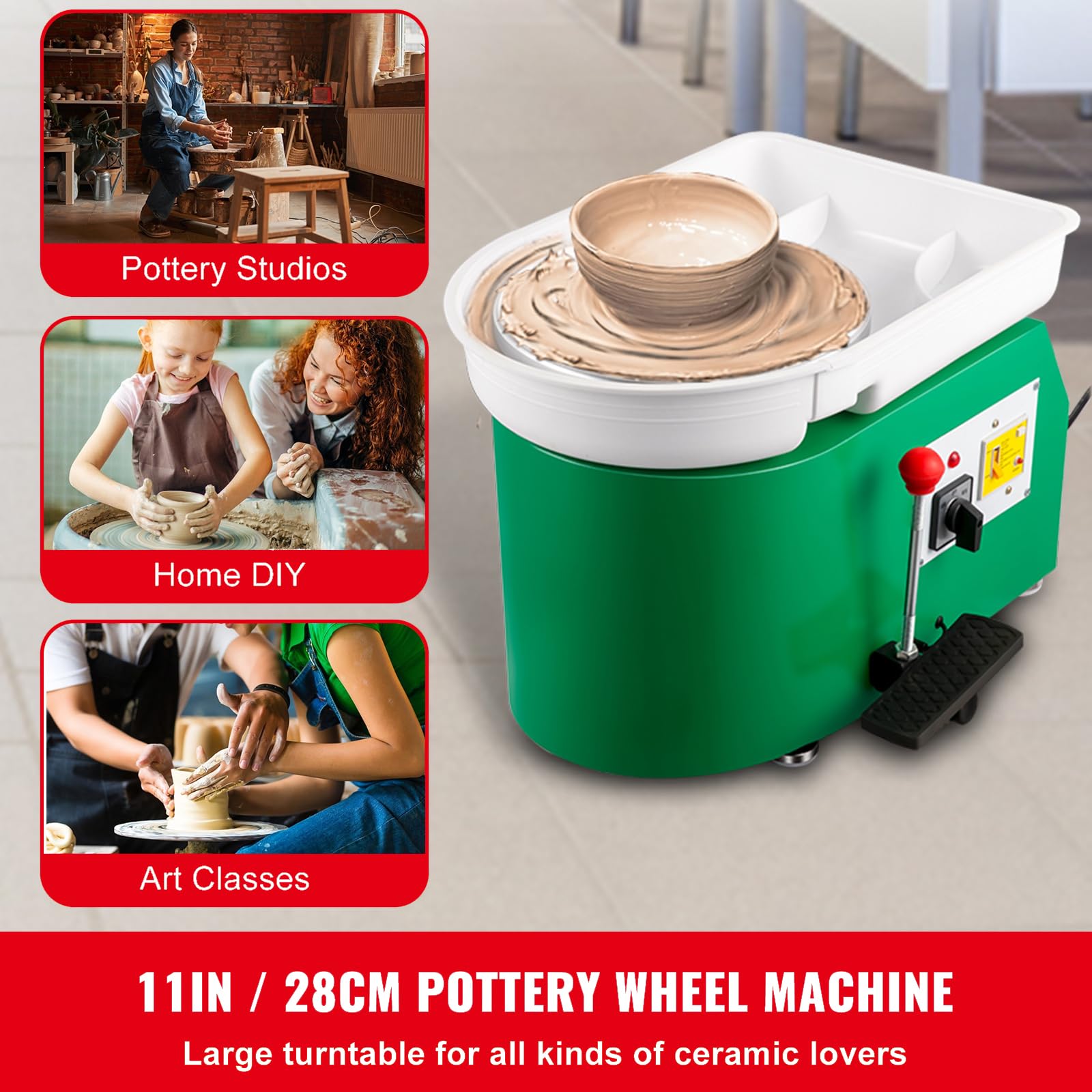 Happybuy 28cm Pottery Wheel 350W Electric Forming Machine with Adjustable Pedal, DIY Clay Tool with Tray for Ceramic Art, Green, 18 Pieces