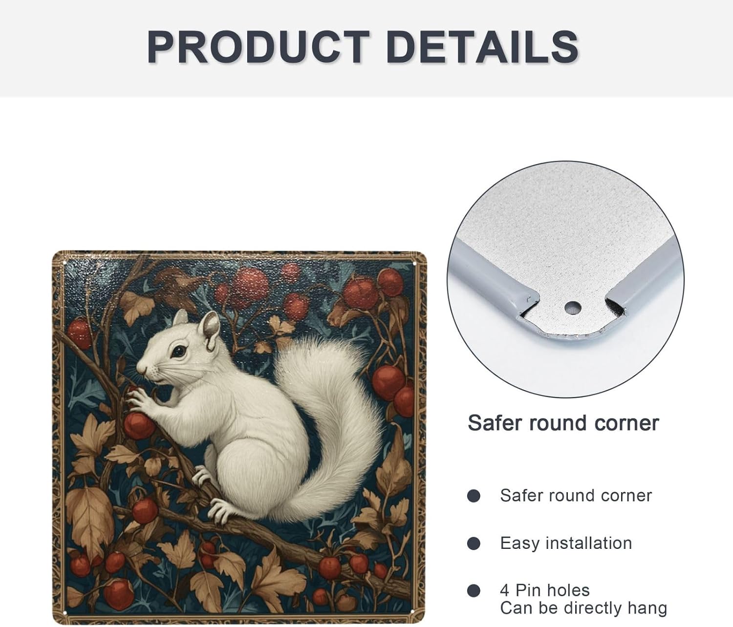 White Squirrel Scene Tin Metal Art Hanging Sign – 8x8 Inch, Iron Gift for Retro Decor Fans & Squirrel Lovers, Home Decor Signs for Entryways & Bedrooms image 4