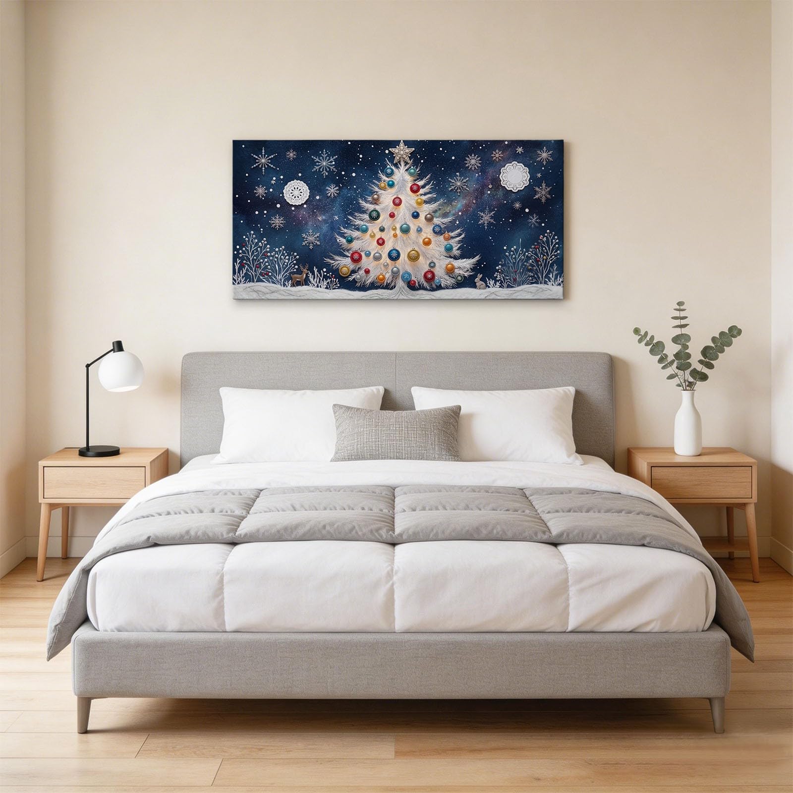 Obrazy na płótnie 140 x 70 cm, obraz na płótnie, Boże Narodzenie, duży dekoracyjny obraz ścienny, krajobraz śnieżny, płatki śniegu, sosna, druk artystyczny do salonu, sypialni, kuchni, dekoracja