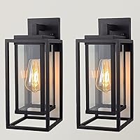 ZMKMOK 14" Satin Black Outdoor Wall Light Fixtures, Waterproof Double Cage Lantern Sconces with Tempered Glass - 2 Pack for Porch, Patio, Garage
