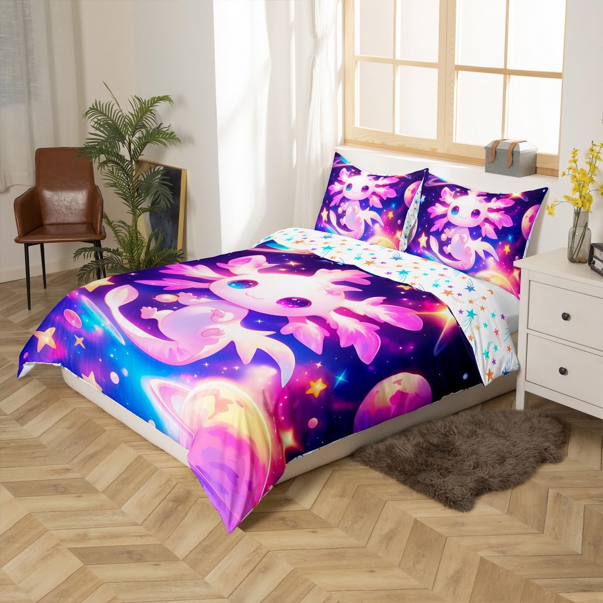 Homewish Axolotl Comforter Cover Single For Kids Boys Girls,Galaxy Planet Space Bedding Set Cartoon Animal Duvet Cover Purple Dreamy Starry Quilt Cover - Image 2