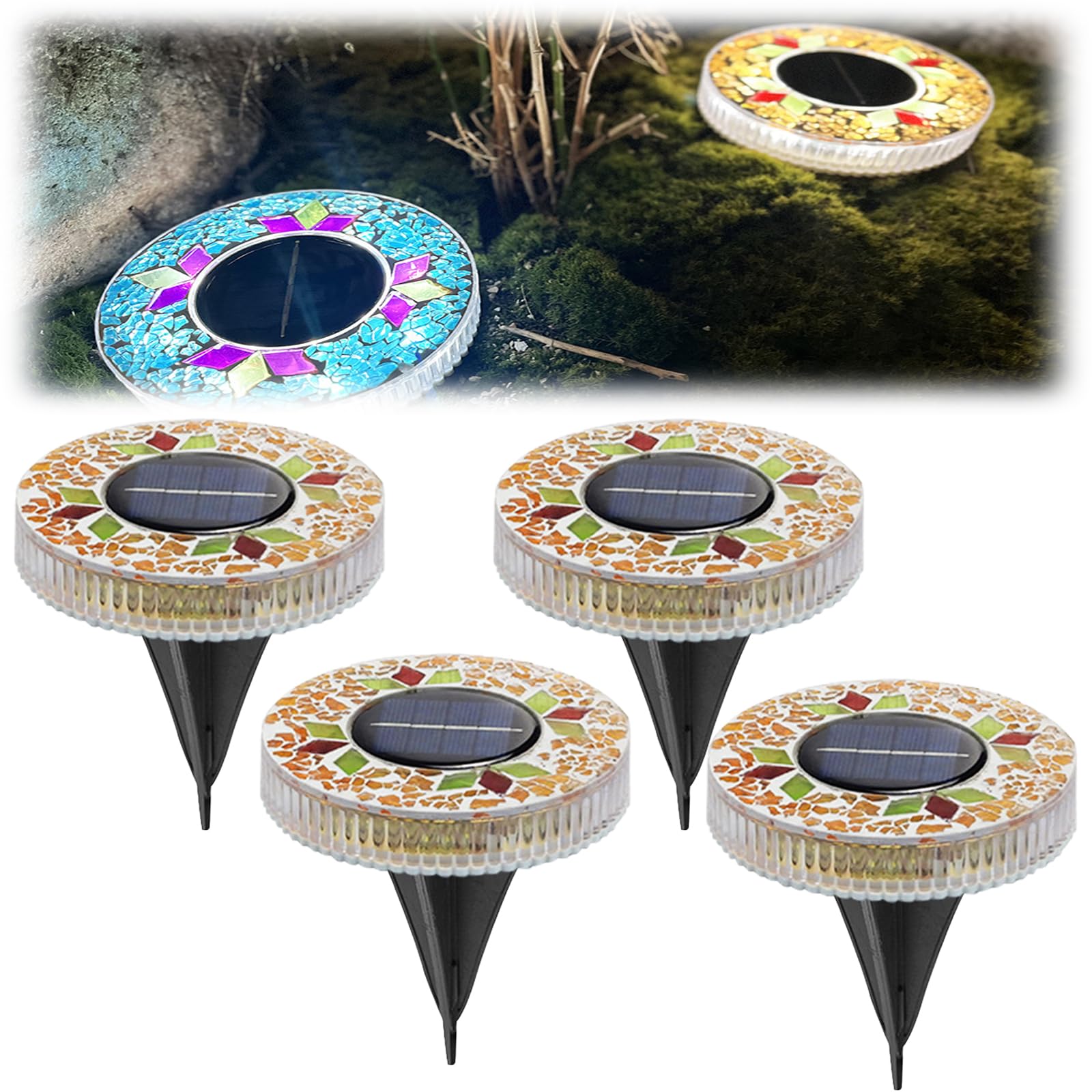 Solar Outdoor Mosaic Disk Lights, Waterproof Outdoor LED Garden Stake Light, Colorful Landscape Yard Decor, Auto On/Off for Walkway, Patio & Lawn,Yellow