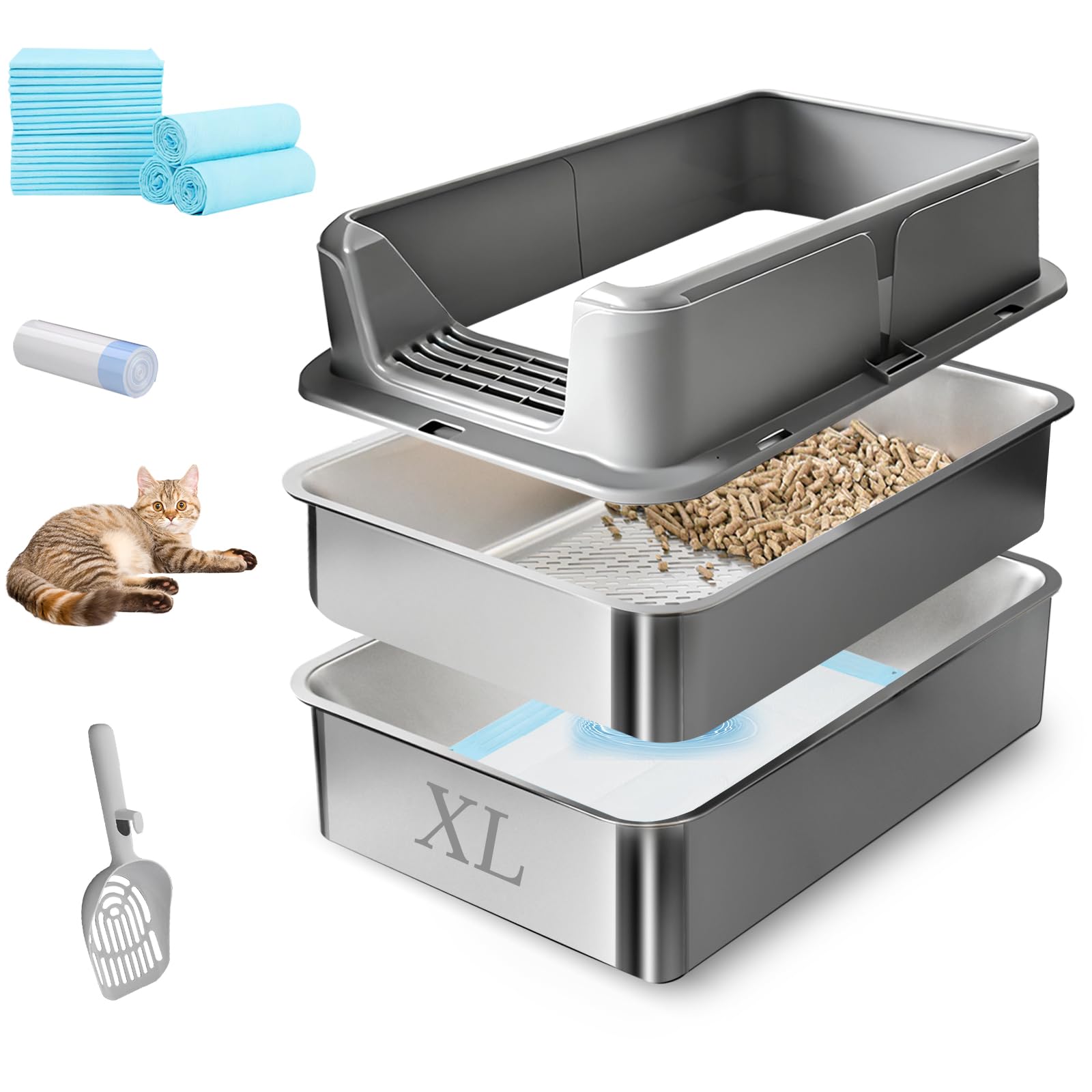 24" x 16" x 12" Stainless Steel Sifting Litter Box with Lid, Extra Large Metal Sifting Cat Litter Box for Pine Pellet, High Sides Metal Litter Box System for Big Cats, Anti-Leakage(Grey)