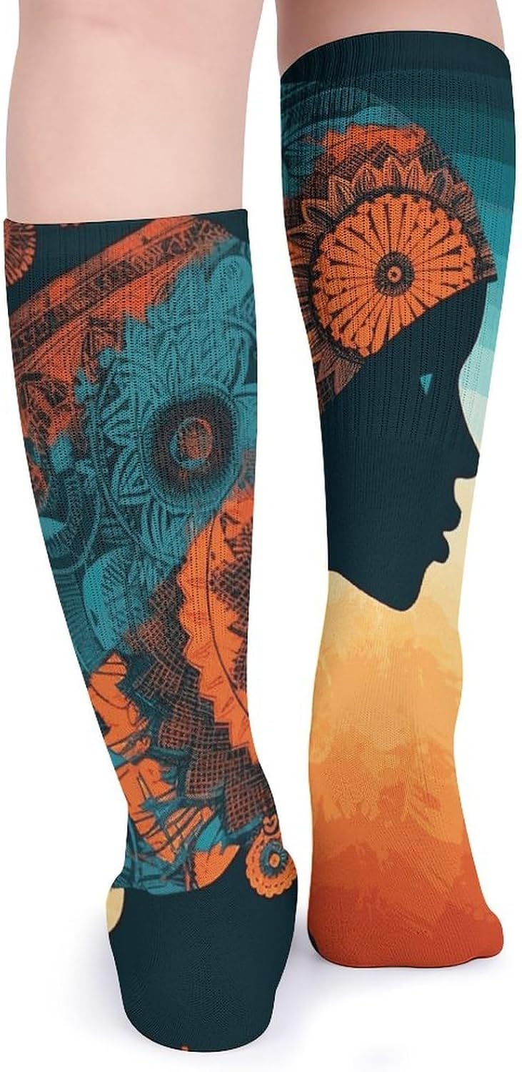 5-Pack Knee High Socks, 15.7 Inch Breathable Casual Socks Woman Wearing Headscarf Stockings for Men Women