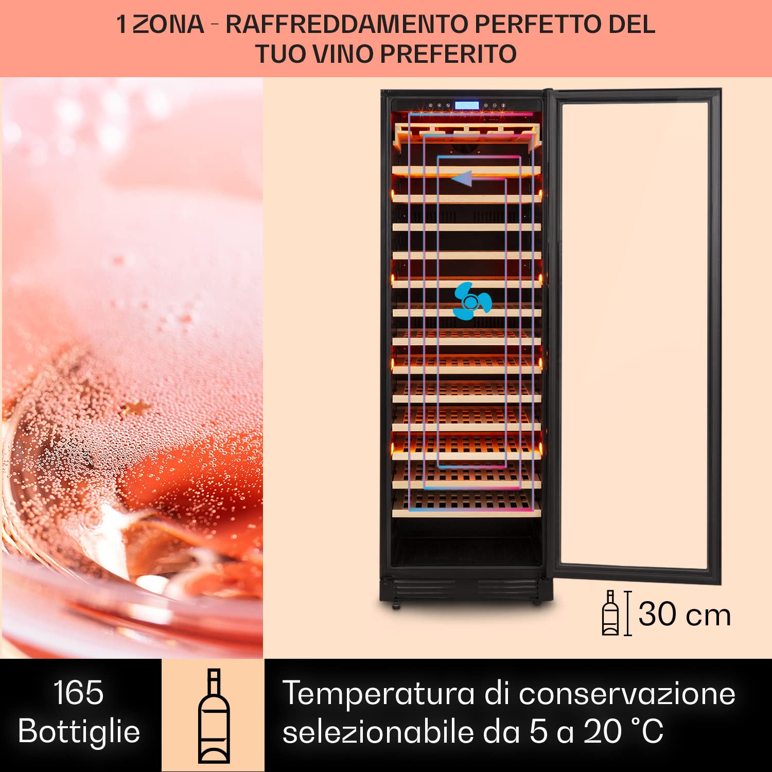 Klarstein Cantinetta Vino Design da Incasso, Cantinetta Vino Refrigerata a Zona Singola per Vino Rosso, Bianco e Birra, Controlli Touch, Frigo Vino Cantinetta per Esterno/Interno, 433L, 165 Bottiglie