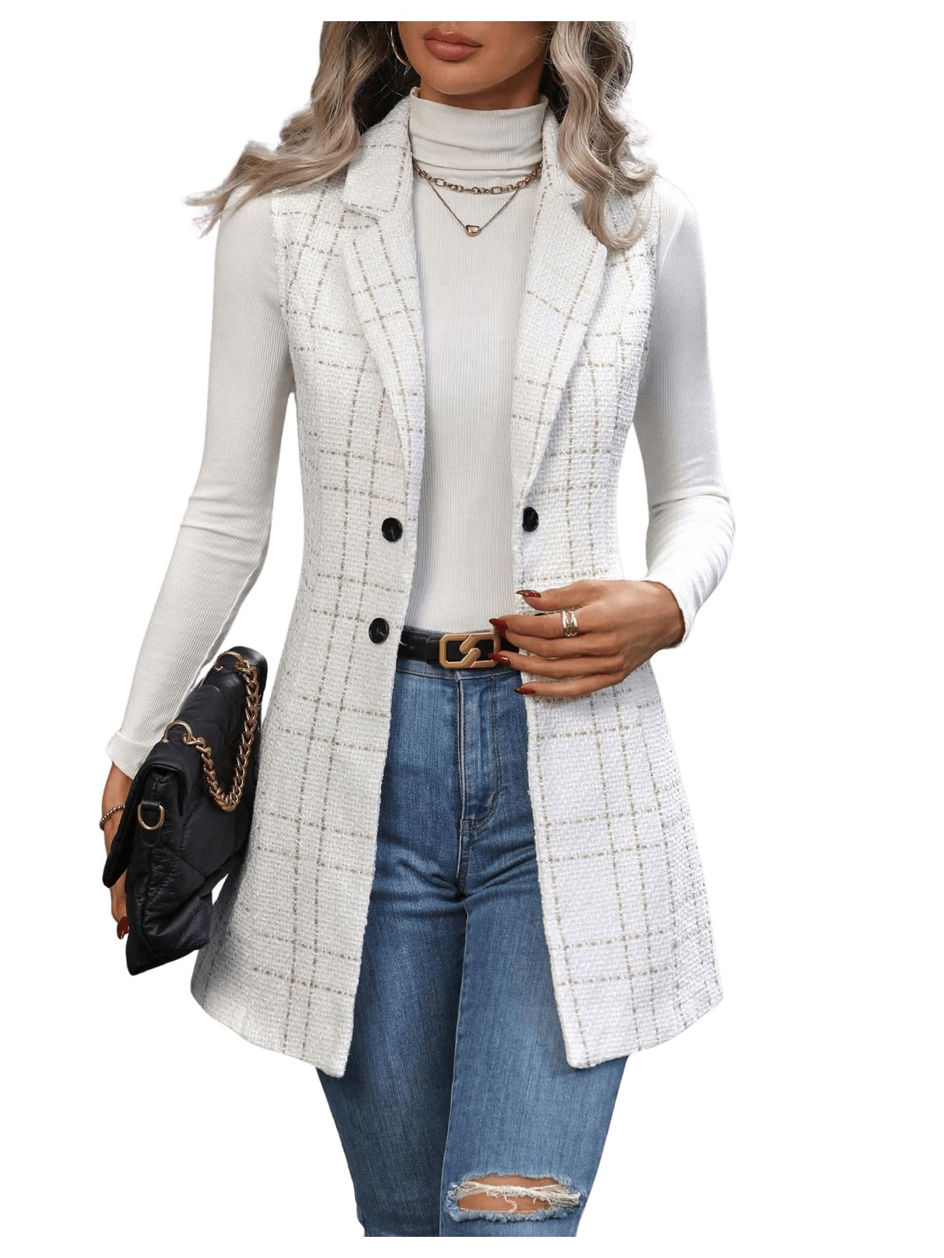 Women's Plaid Sleeveless Long Vest Cardigan Business Casual Work Fall Blazers Outfits For Women 2024-image-48