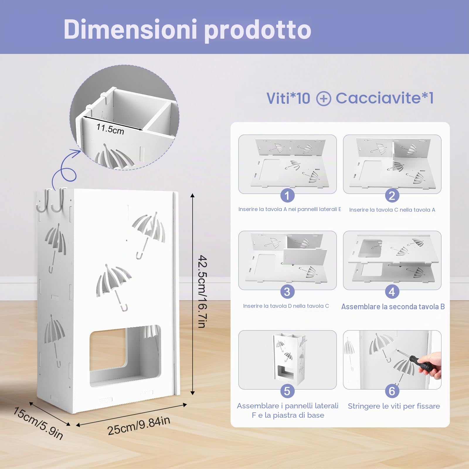 Portaombrelli con 2 scomparti, portaombrelli, con 4 ganci, motivo ombrello per ombrelli lunghi/corti, per casa e interni, 25 x 43 x 15 cm