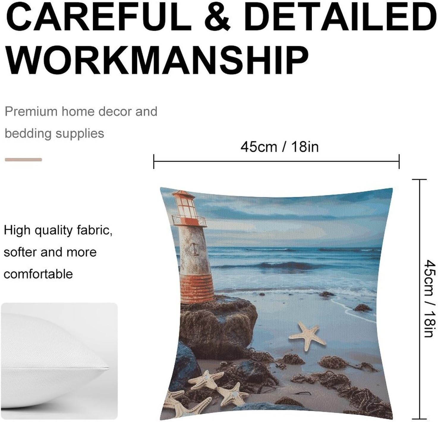 Starfish Lighthouse Beach Pillow Protectors Cute Waterproof Pillow Cover Soft Skin-Friendly Cushion Case Decorative Square Cushion Cover for Couch Sofa Bed Living Room Bedroom