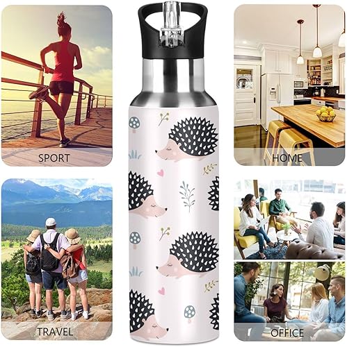 Miniatura 5 de ZZKKO Botella de agua con pajilla, lindos erizos de acero inoxidable rosa, botella de agua de cápsula de agua para tomar agua diaria, termo para