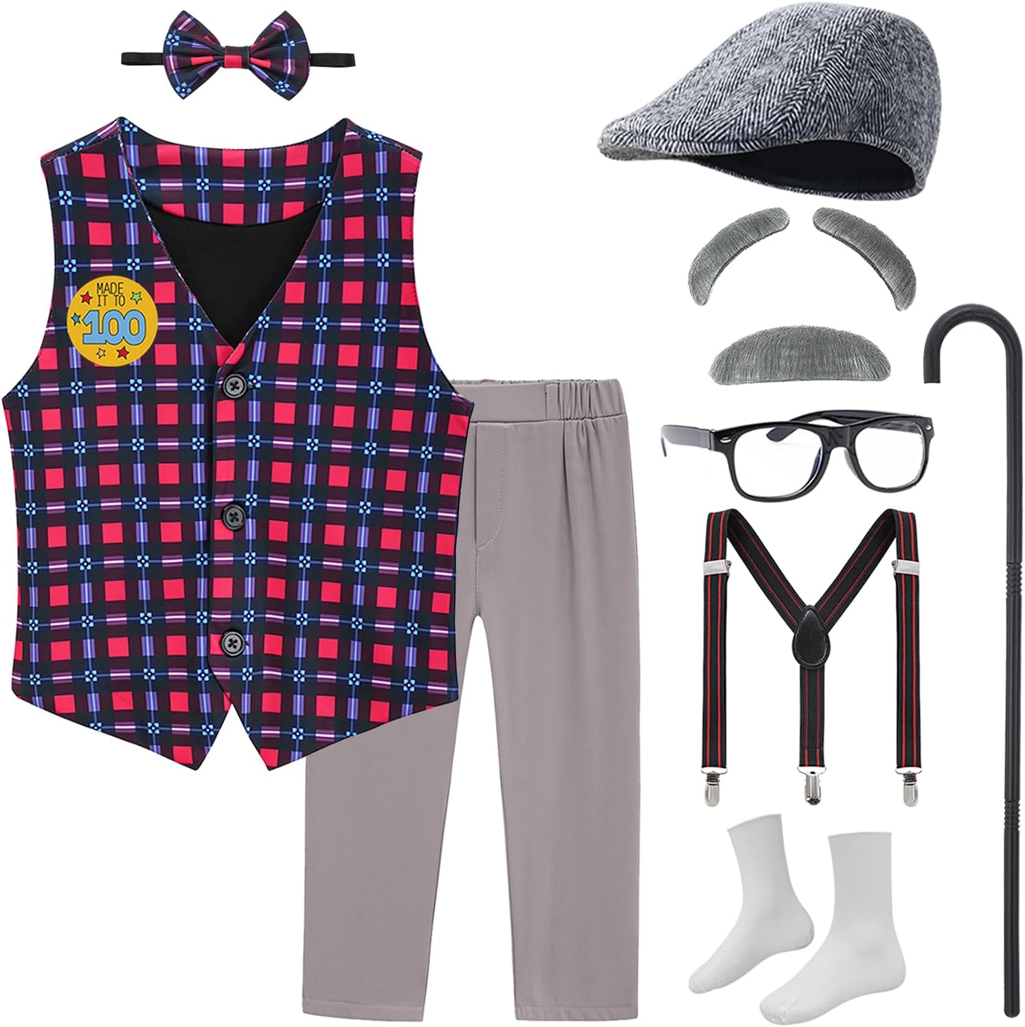 Old Man Costume for Kids 100 Days of School Costume Grandpa Outfit Vest and Pants for Boy