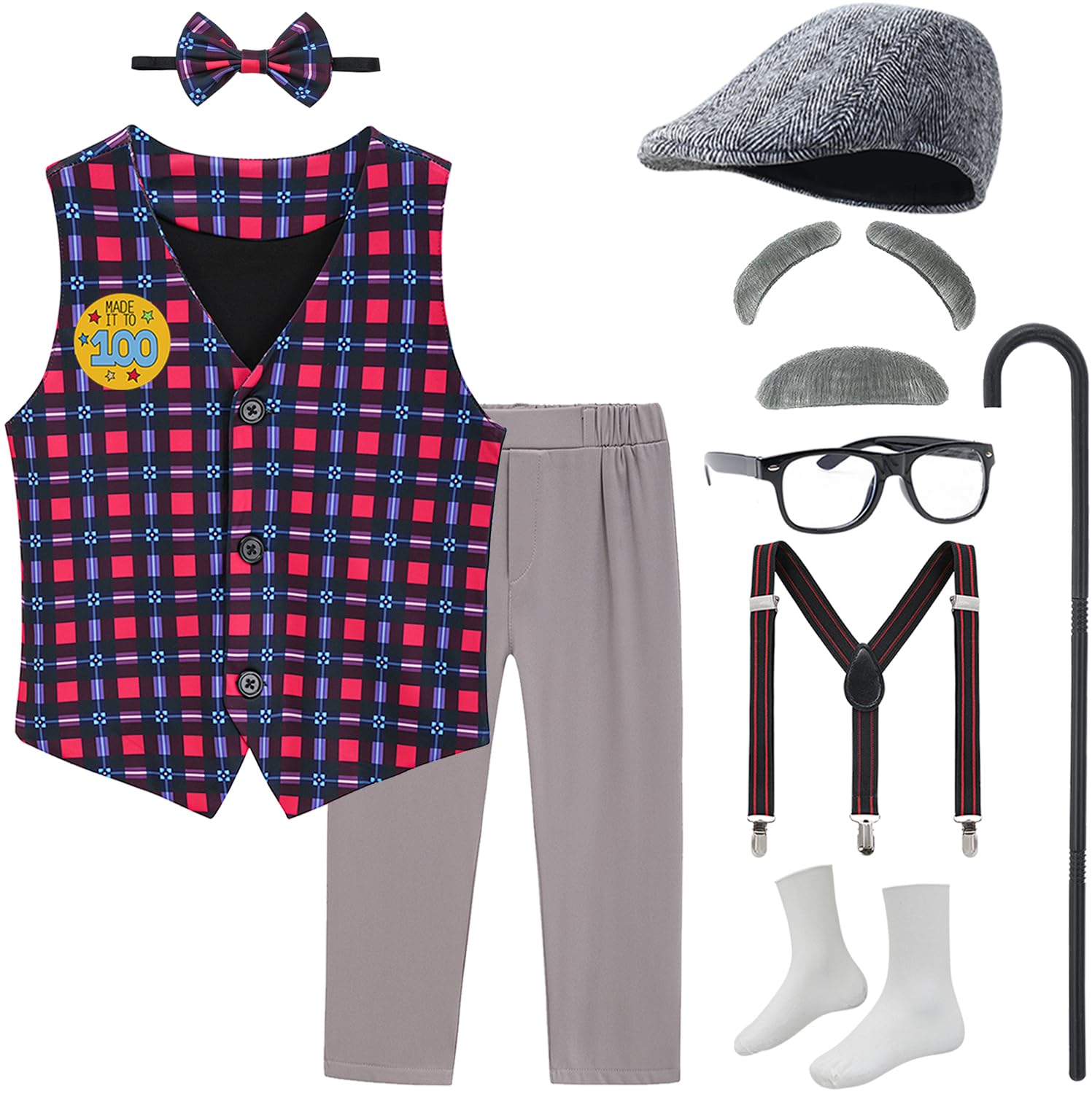 Z-Shop Old Man Costume for Kids 100 Days of School Costume Grandpa Outfit Vest and Pants for Boy A,6