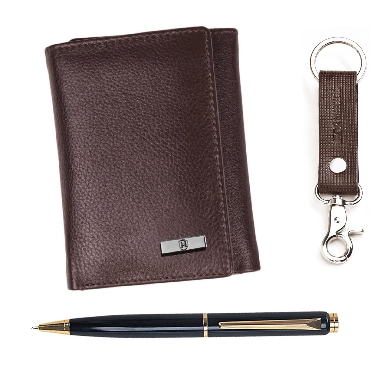 HORNBULL Trifold Brown Leather Wallets for Men, Keyring & Pen Combo Gift Set for Men | Wallet Men Leather Branded Valentine's Day Gift