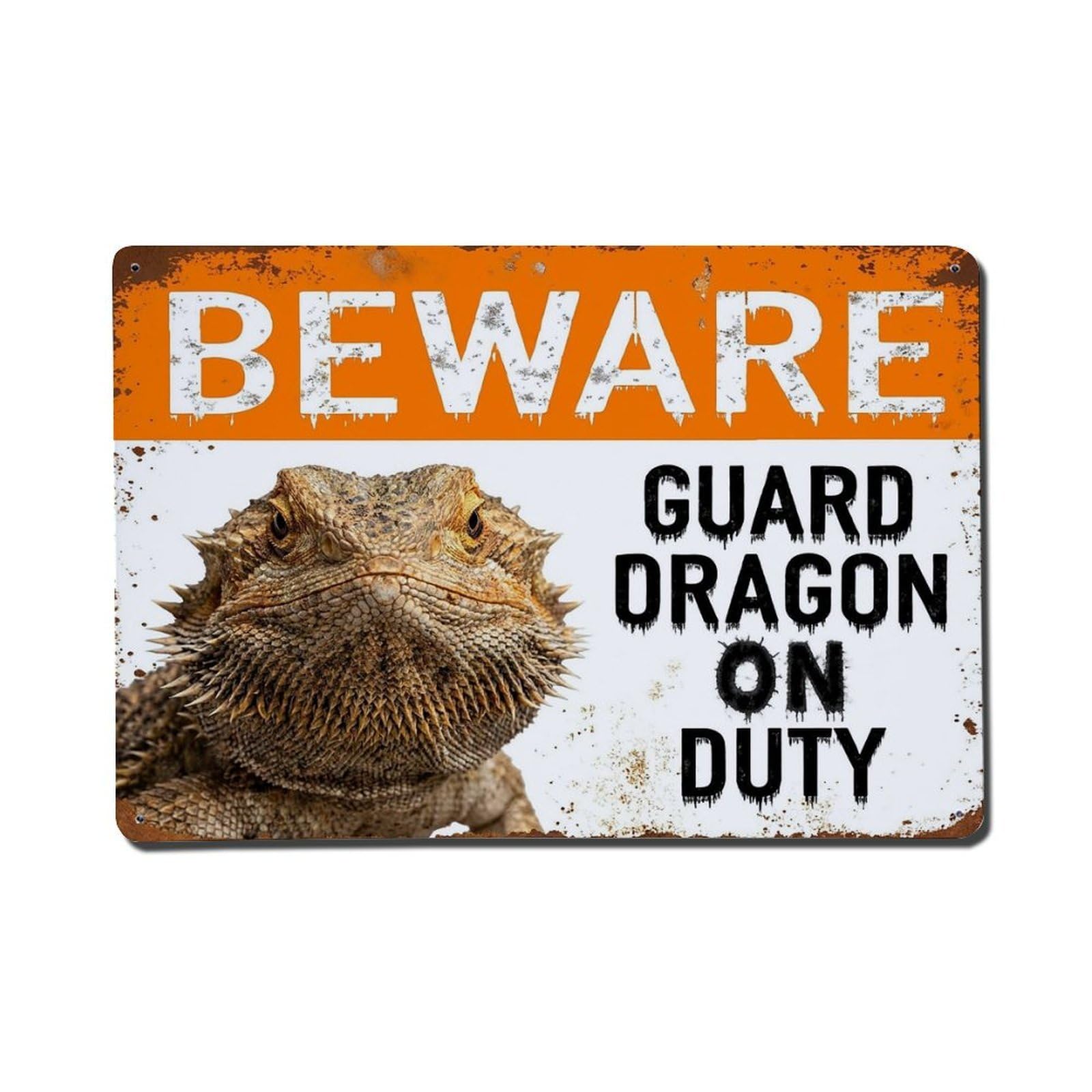 Vintage Funny Bearded Dragon Guard Beware of Pet Yard Metal Tin Sign Plaque Wall Decor for Cafe, Club Bar, Office, Garden Metal Poster 8x12Inch