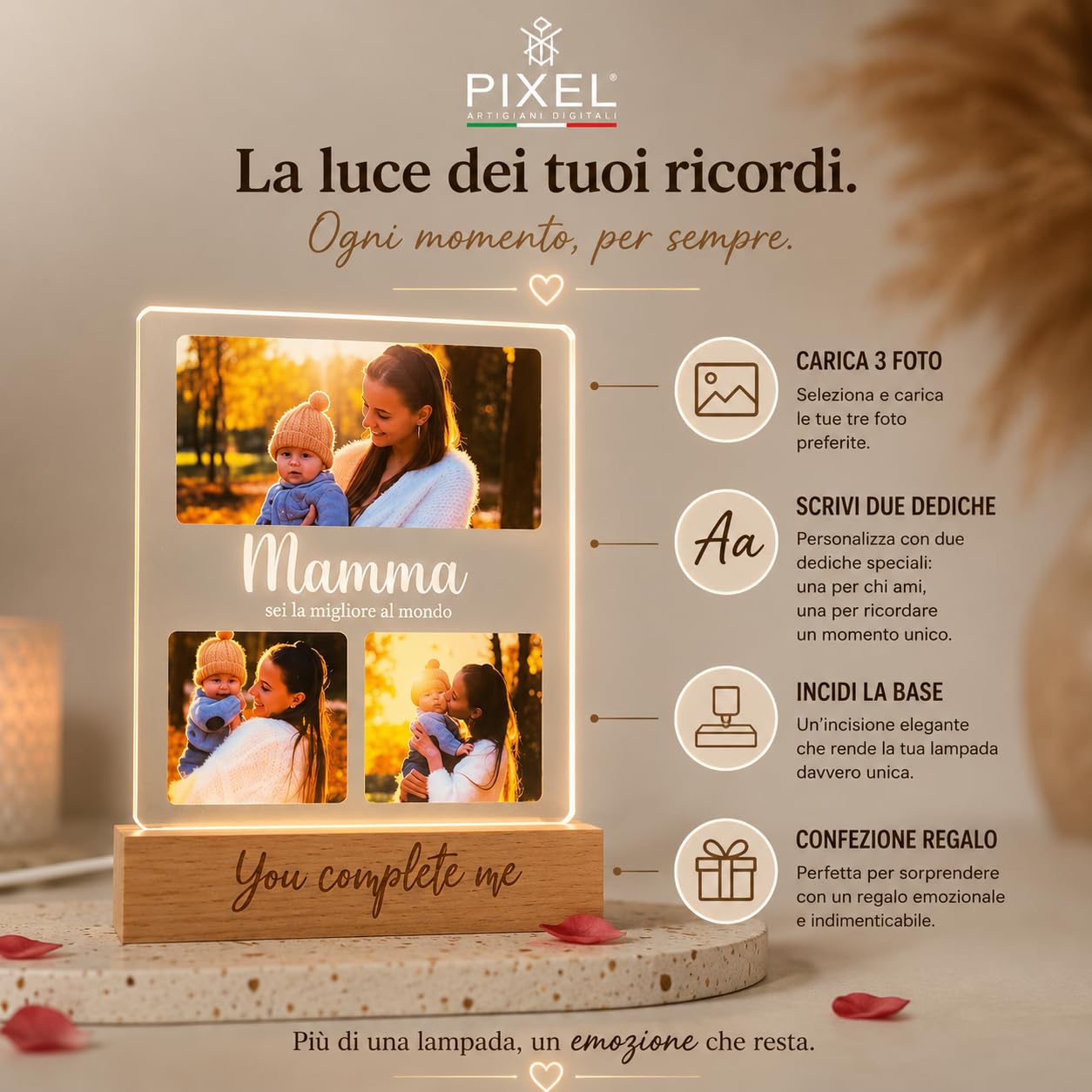 Lampada personalizzata con foto per Festa del Papà e Festa della Mamma – Regalo personalizzato originale con luce LED - cornice fotografica - idee regalo Nonni - Idea regalo Natale