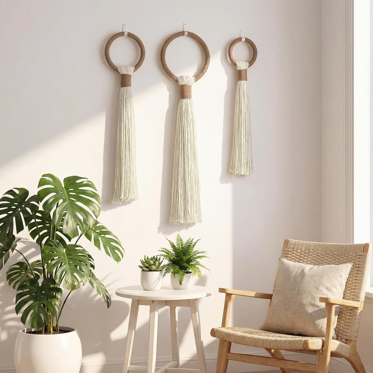 Tegeme 3-piece Macrame Wall Hanging Large Boho Wall Decor Set Extra Large Beige Boho Spherical Knot Tapestry with Long Fringe Handmade Cotton Yarn Art for Living Room Bedroom Nursery Dinning Room