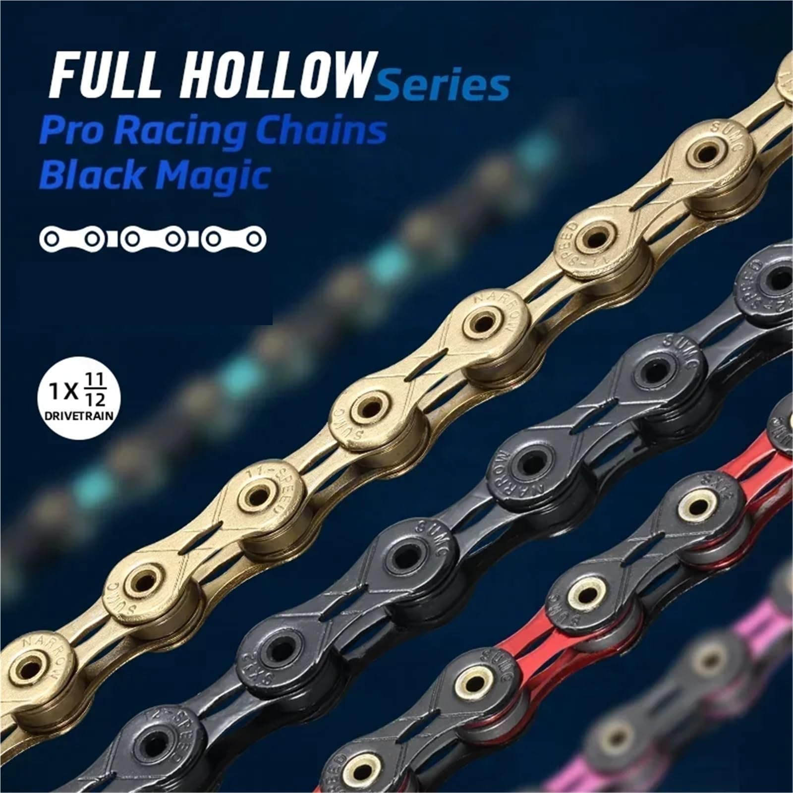 Chaîne de vélo 12 vitesses avec revêtement diamant, for VTT, vélo de route ultraléger et accessoires.(12V GOLD)