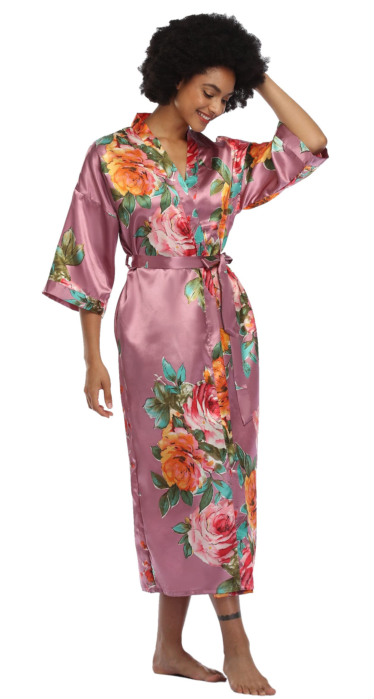SUGAR JAN Women's Floral Kimono Robes Bridal Party Satin Long Length Bathrobes Silk Sleepwear Loungewear