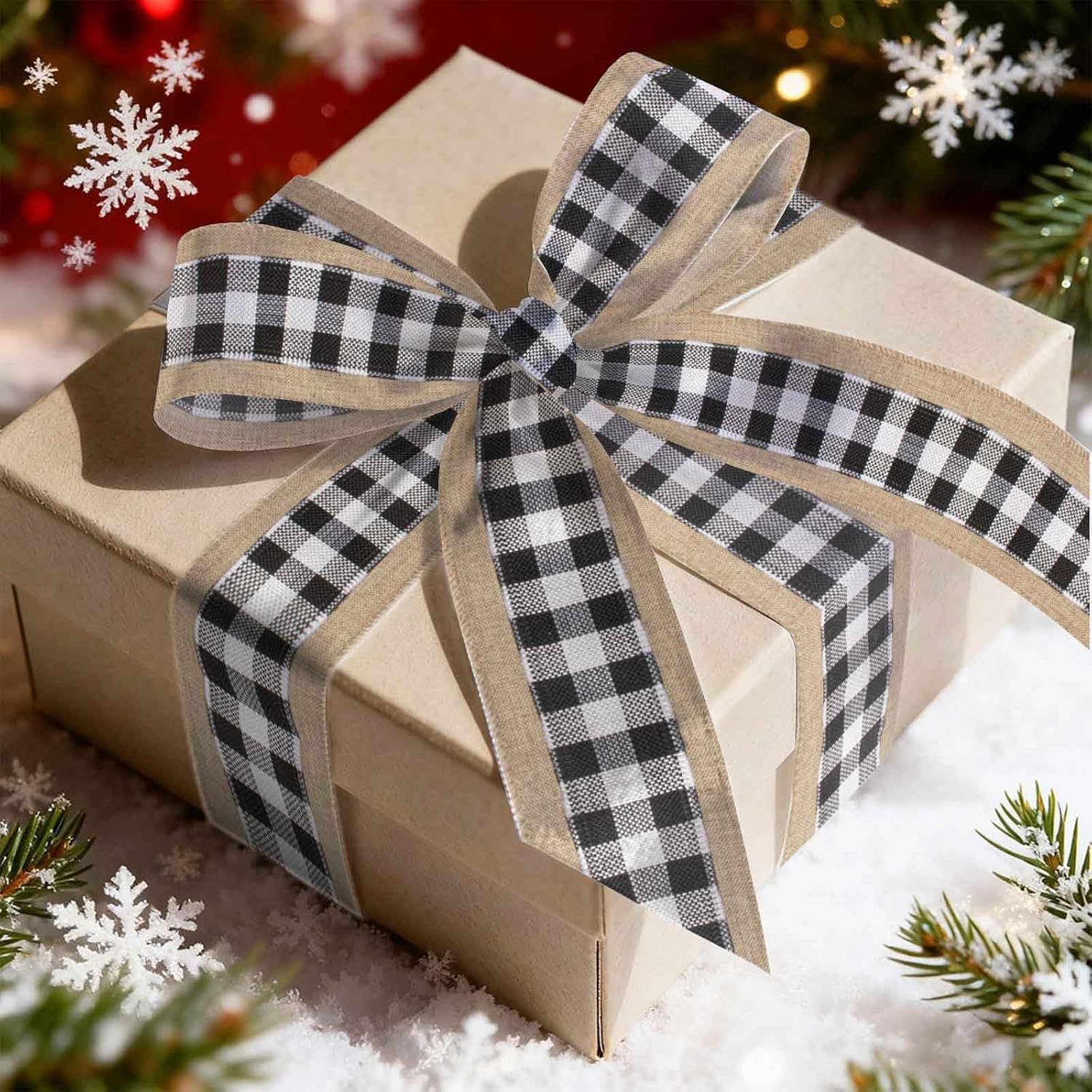 Hying Christmas Ribbons for Wreath Bows, 2.5"×10 Yards Black Buffalo Plaid Wired Edge Ribbon Xmas Trees Craft Ribbons for Gift Wrapping Christmas Decorations Supplies image 3