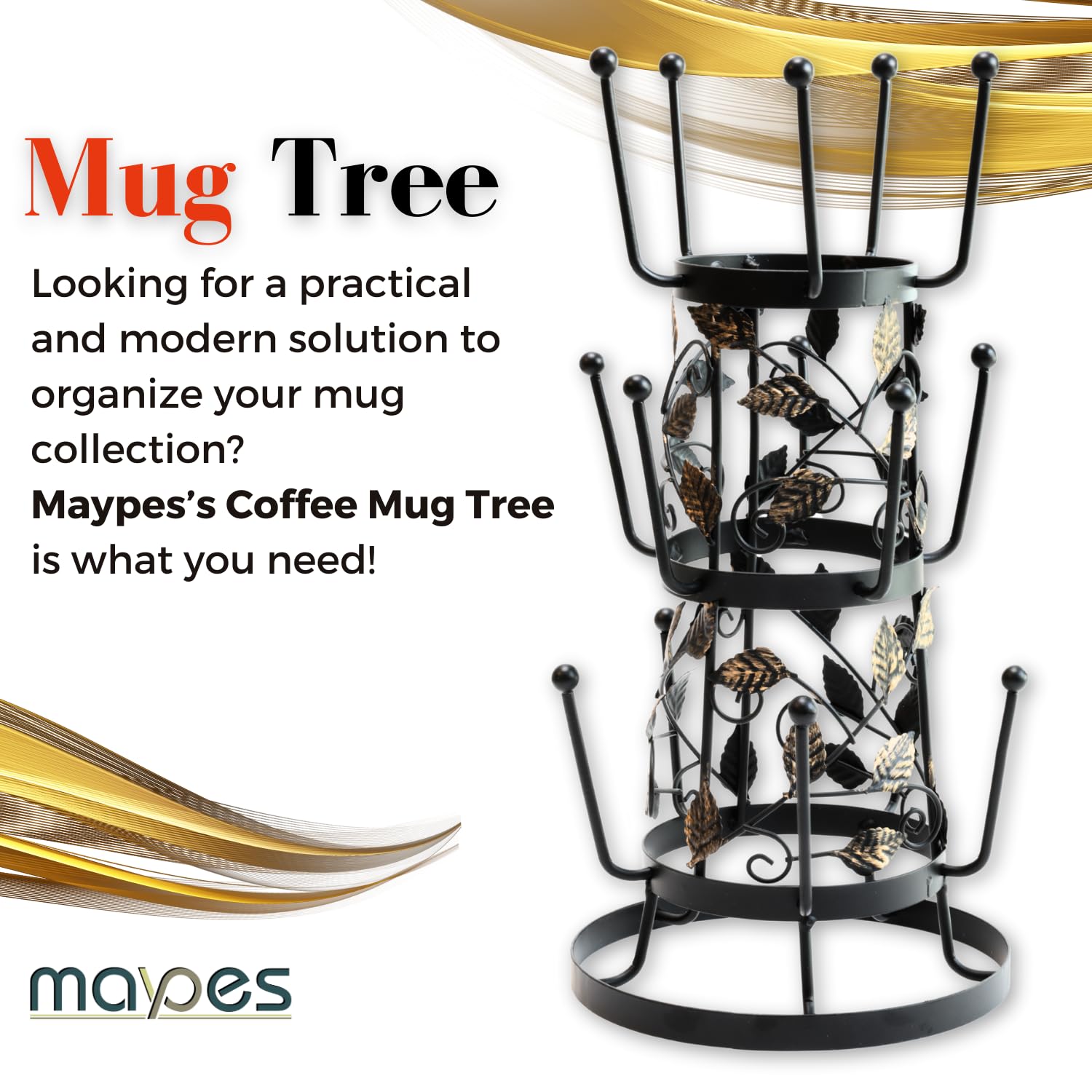 Maypes Mug Tree – Coffee Mug Tree Stand – Sturdy Coffee Mug Organizer Rack for Countertop, Kitchen – Modern Leaf Mug Organizer – Stylish and Functional Mug Hanger for Tea Cups, Espresso Cups, Mugs