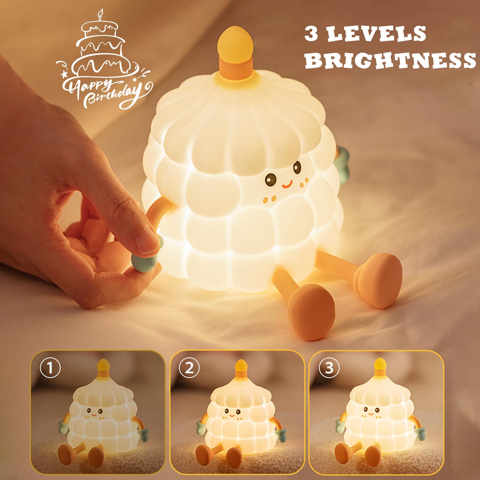 Night Light for Kids, Cute Cake Silicone Nursery Night Light with Timer & 3-Level of Brightness, Rechargeable Led Night Light for Room Decor, Dimmable Touch Night Light Birthday Gift for Kids (White)