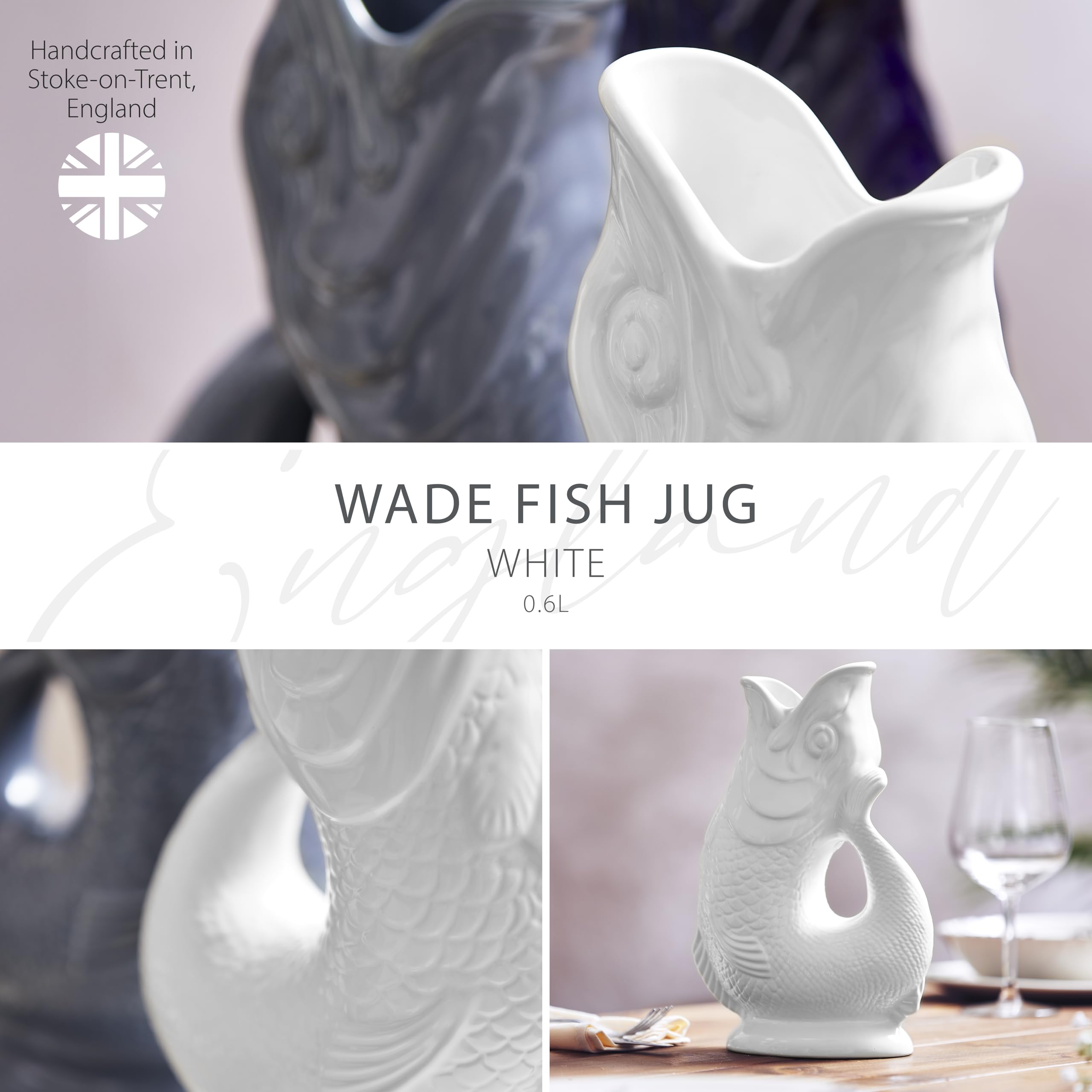 Wade WA967802WHT oryginalny dzbanek Gurgle, ceramika, kultowe dziedzictwo Wielkiej Brytanii, wyprodukowano w Stoke-on-Trent, 0,6 l, biały