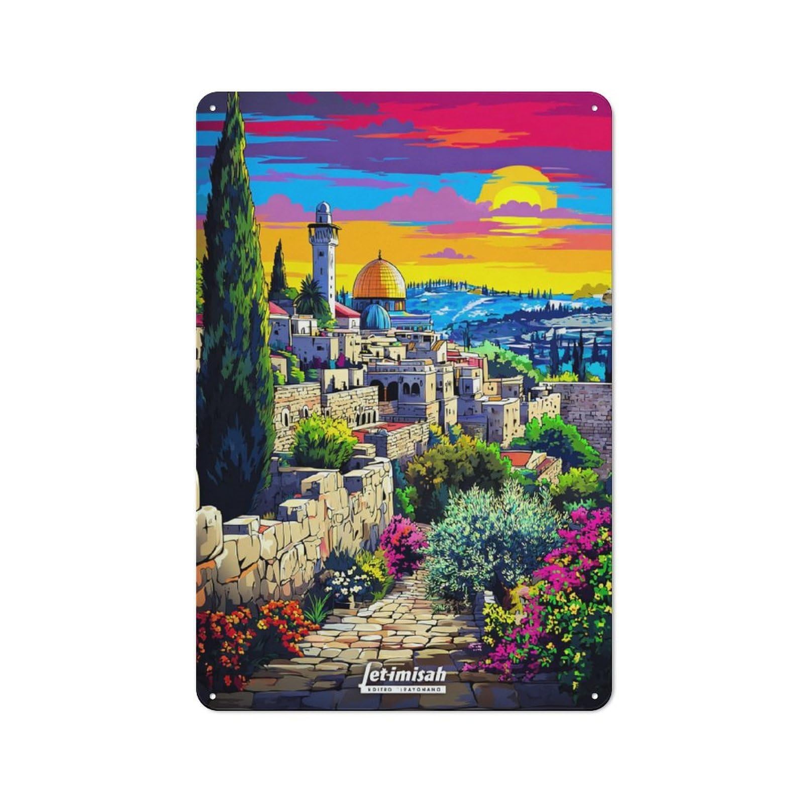 Classic Metal Plaque 30x20cm Featuring Colorful Sunset Over Historical Cityscape, Bistro Wall Plaque for Kitchen, Cafe, Pantry Or Dining Room