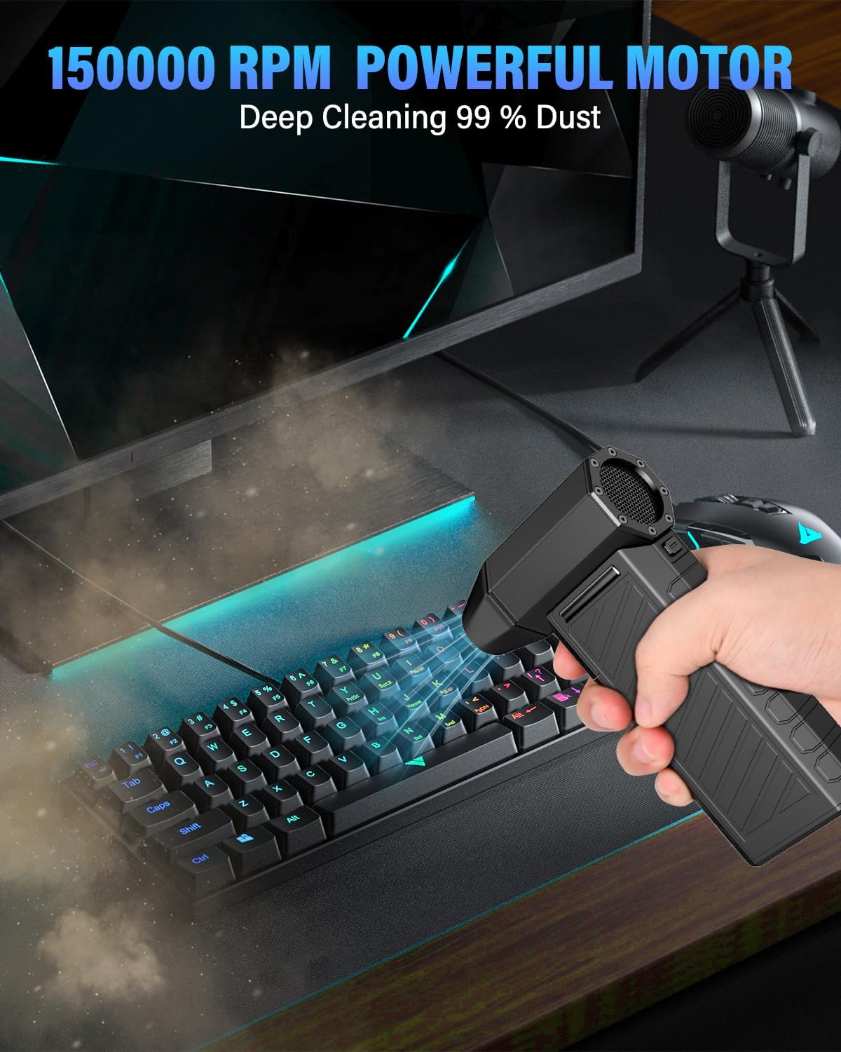 Apkezel Air Duster being used to clean a computer keyboard