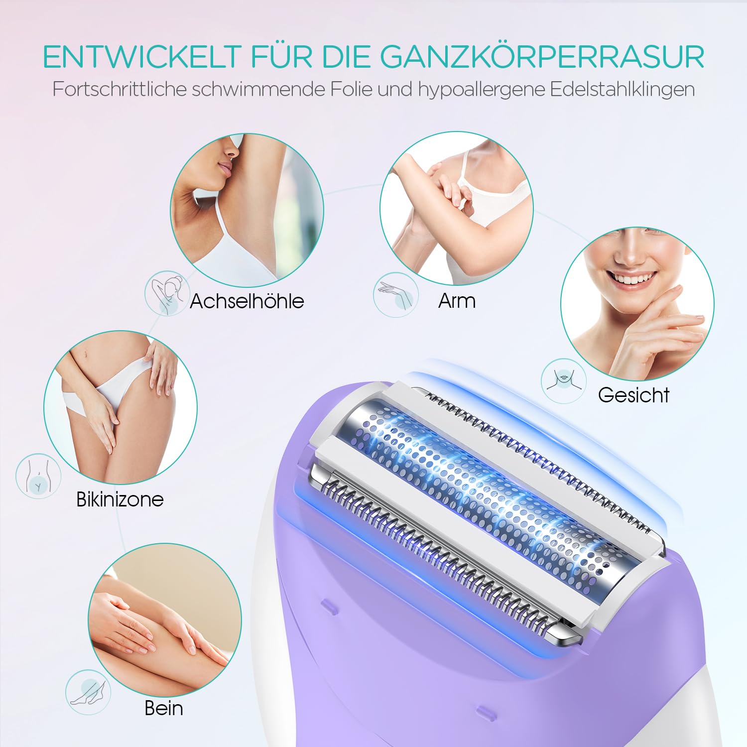 VOGOE Epilierer Damen für Haarentfernung, Epeliergerät Körper 4 in 1 Elektrischer Kabelloser, 21 Pinzetten für Gesicht Beine Arme Bikini, HR310 Lila