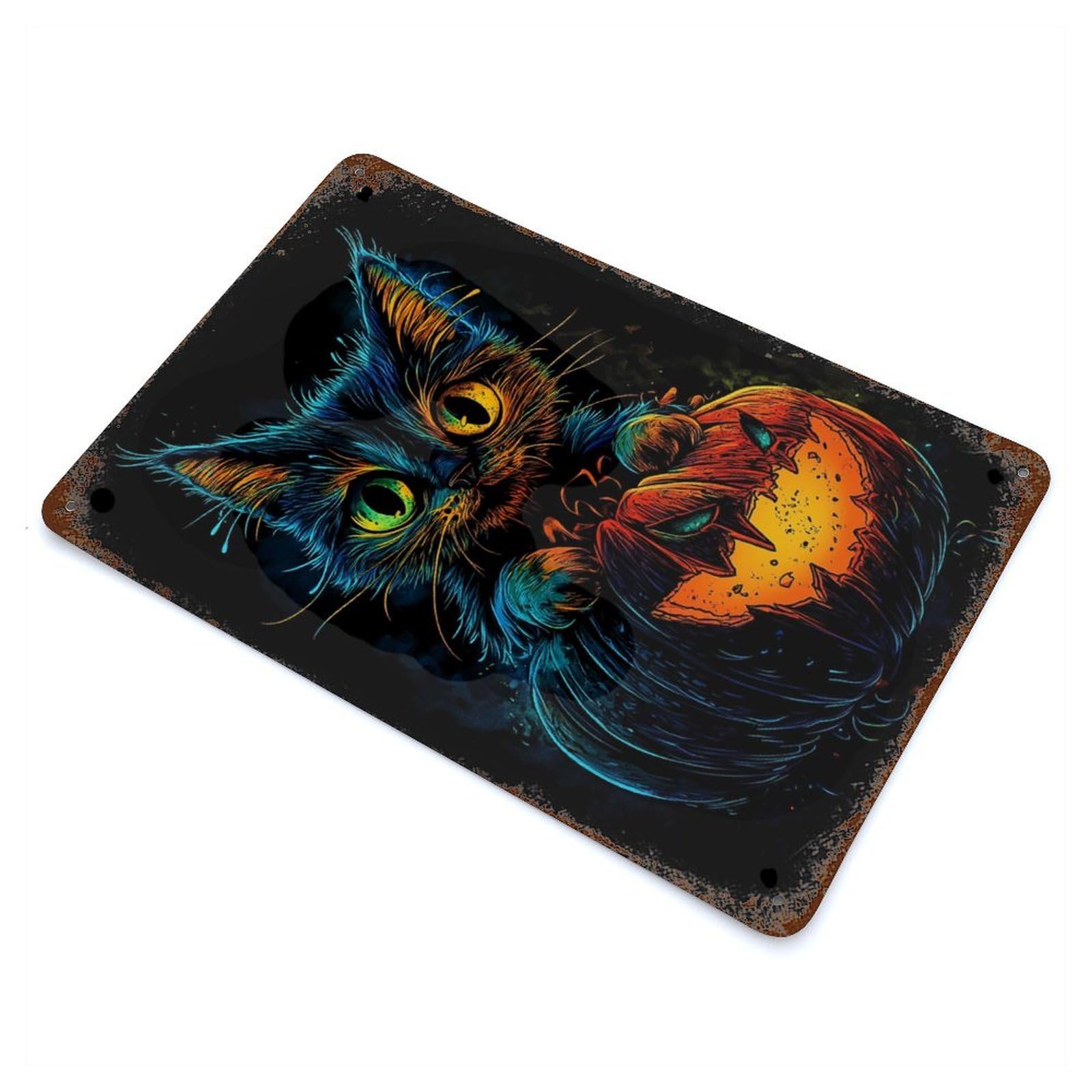 The Pumpkin Kitten Rusty Metal Tin Sign 11.8"x7.9", Ideal for Patio, Garden Room And Bar Decor