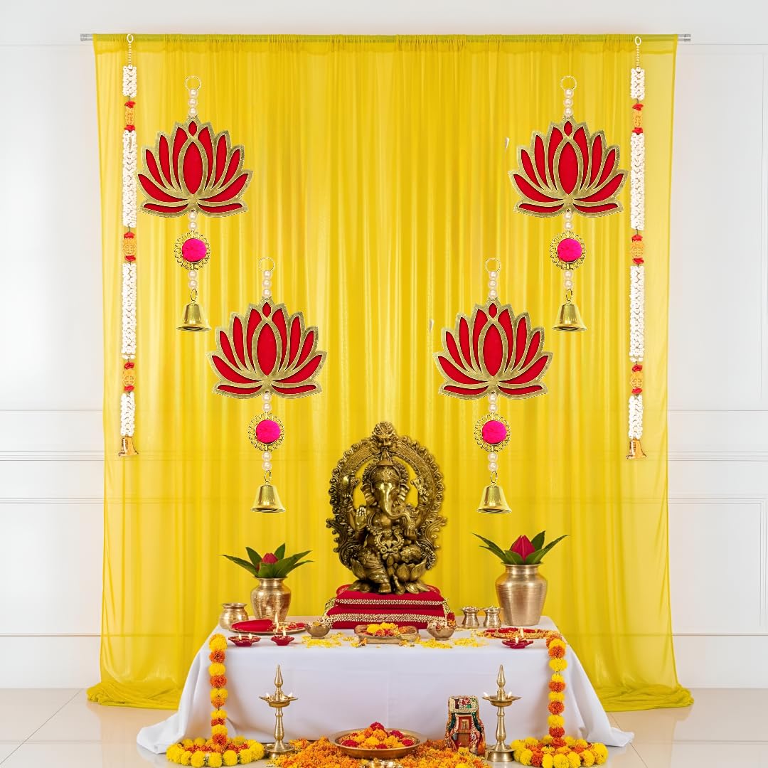 Floroom Yellow Net for Decoration with Chakra Hangings - 8 Pcs Haldi Decor Items for Home, Pooja Decoration, Haldi Decoration Set, Wedding, Festive Decor (Haldi_47)