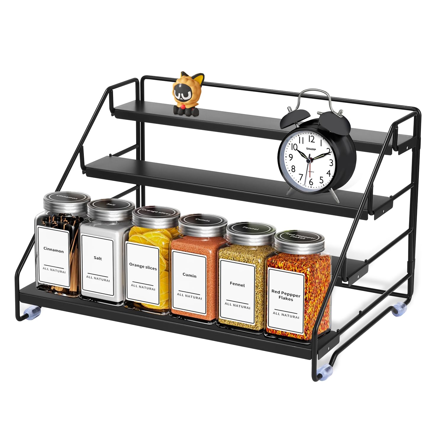 Porta Spezie per Cucina 4 Livelli in Metallo Regolabile senza Fori, Portaspezie Salvaspazio per Ripiano o Armadio, Organizer Cucina Elegante per Collezioni e Decorazioni del Soggiorno