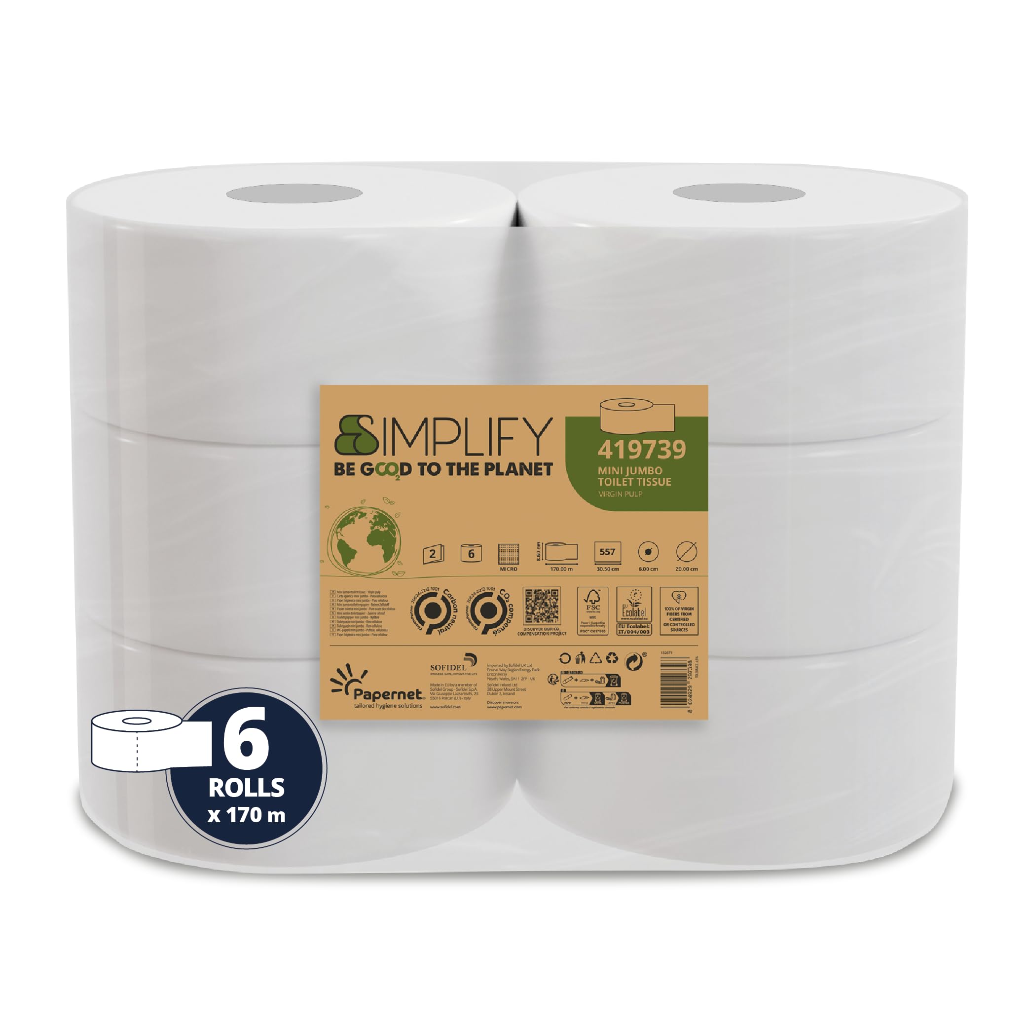 Papernet Simplify Carbon Neutral Mini Jumbo Toilet Paper 419739, 1 Pack of 6 Rolls of Pure Cellulose Paper 170 m Each 2 Ply 8.6 x 30.5 cm Tears