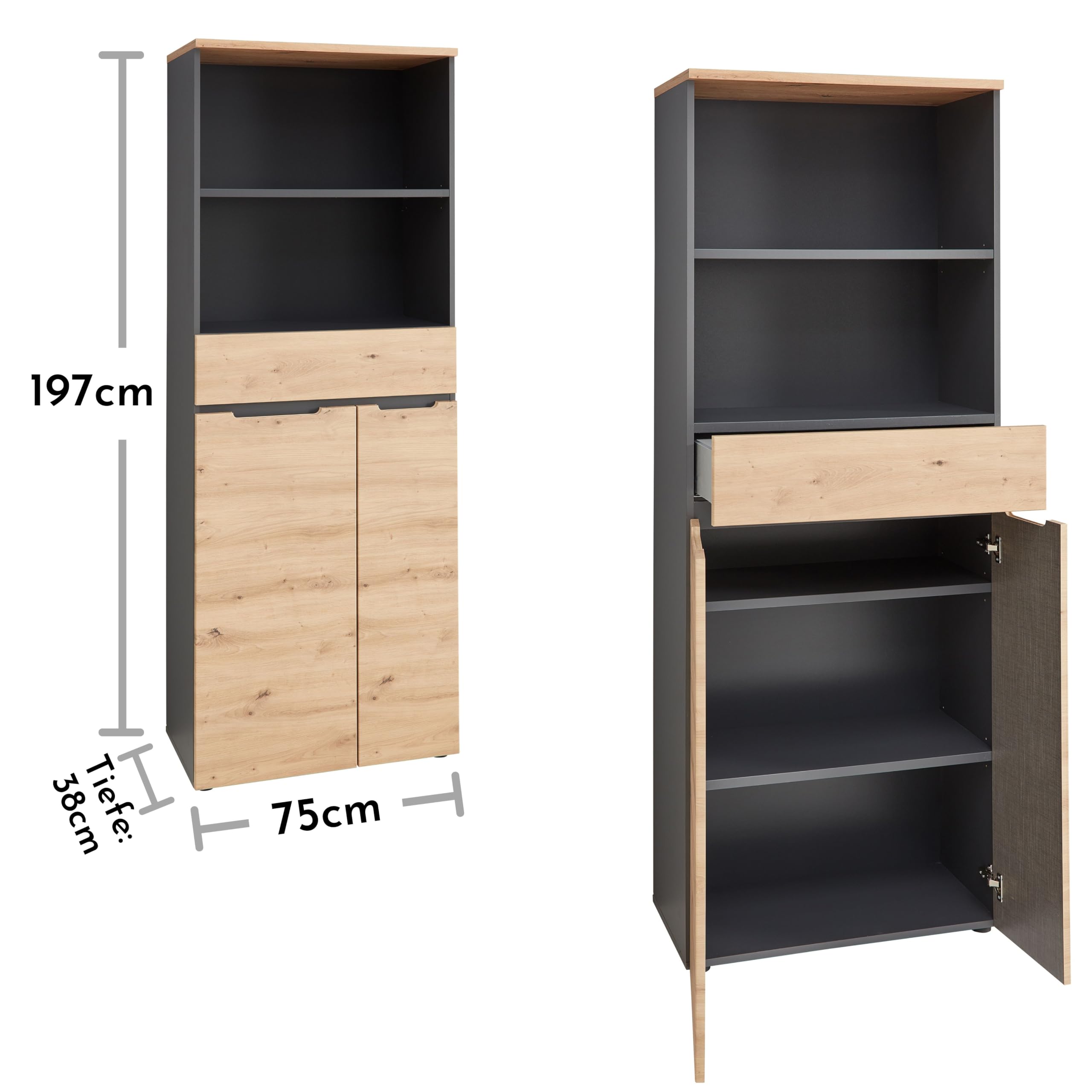 Memphis Aktenschrank in Artisan Eiche Optik, Graphit - Moderner Büroschrank mit 2 Türen - 75 x 197 x 38 cm (B/H/T)