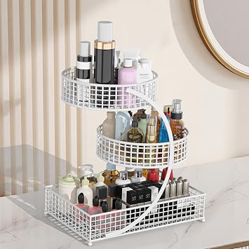 3-Tier Varnished Metal Cosmetic Organizer Multi Bathroom BedroomCounter Organizer Home and Office use Countertop Organizer for Vanities, Cabinet, Cosmetic, Dresser Organizer Round/Gold