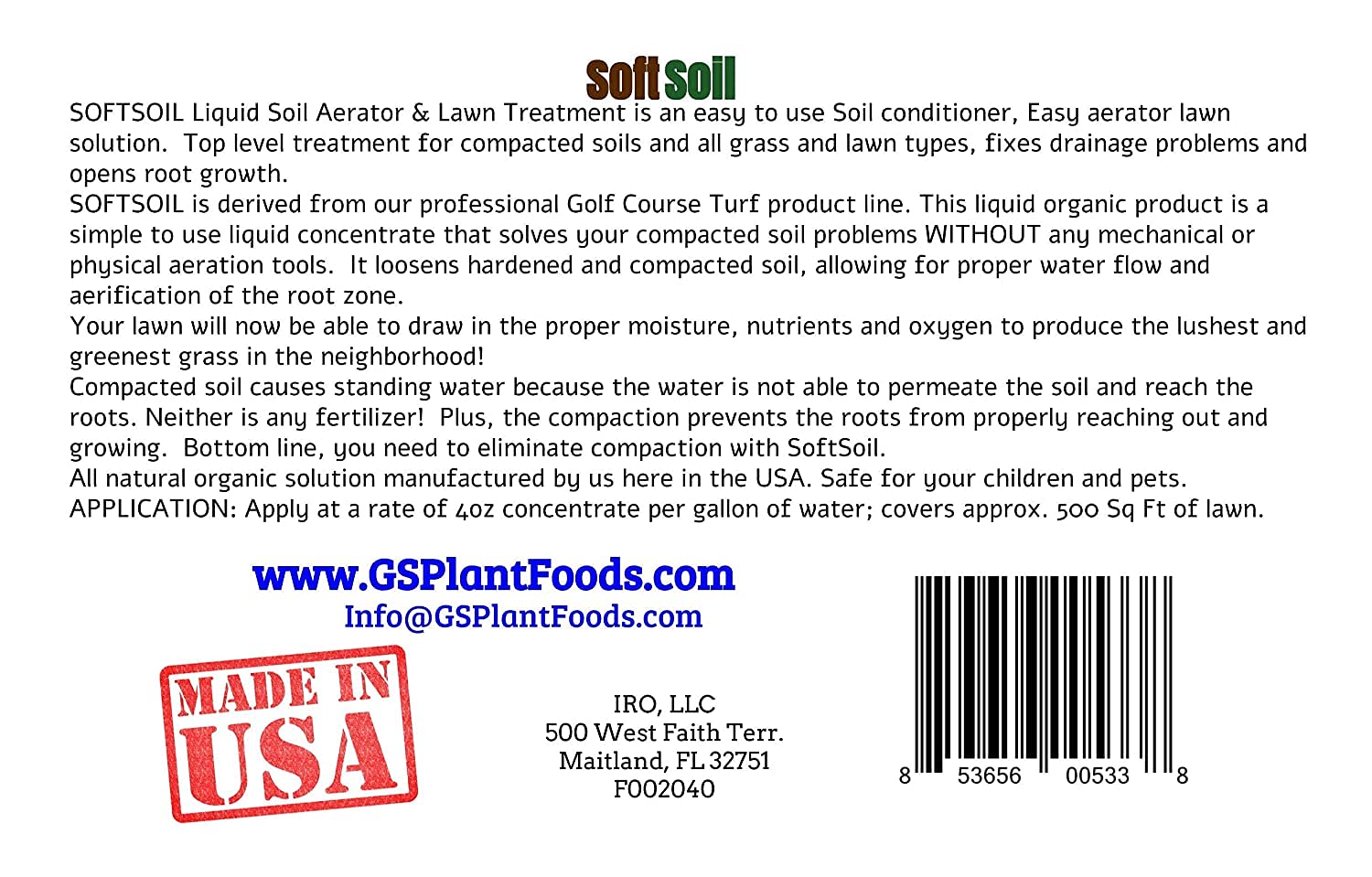 Soft Soil by GS Plant Food- Aireador líquido y tratamiento de césped (1 cuarto de galón) - Aireador líquido para cualquier tipo de césped, todas las estaciones - Ideal para suelos compactos, agua