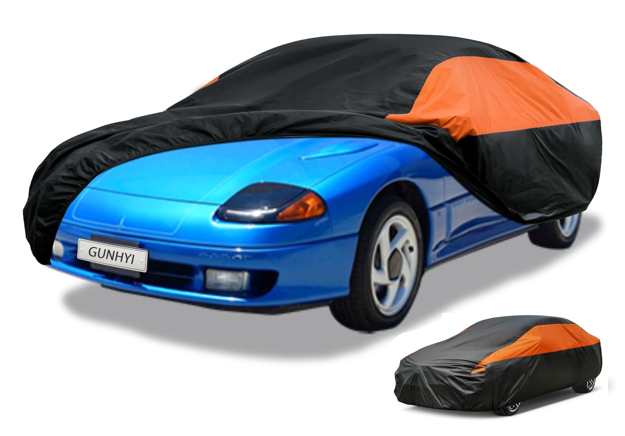 GUNHYI Waterproof Lightweight Full Car Cover Custom Fit Dodge Stealth | All‑weather Outdoor sun/rain/dust/snow/wind/UV protection, breathable tear‑resistant fabric, black‑orange design,storage bag