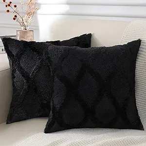 decorUhome Throw Pillow Covers 26x26 Inch Set of 2, Soft Plush Faux Fur Wool Black Couch Pillow Covers, Decorative Neutral Pillow Cases for Bed Sofa Living Room Home Decor