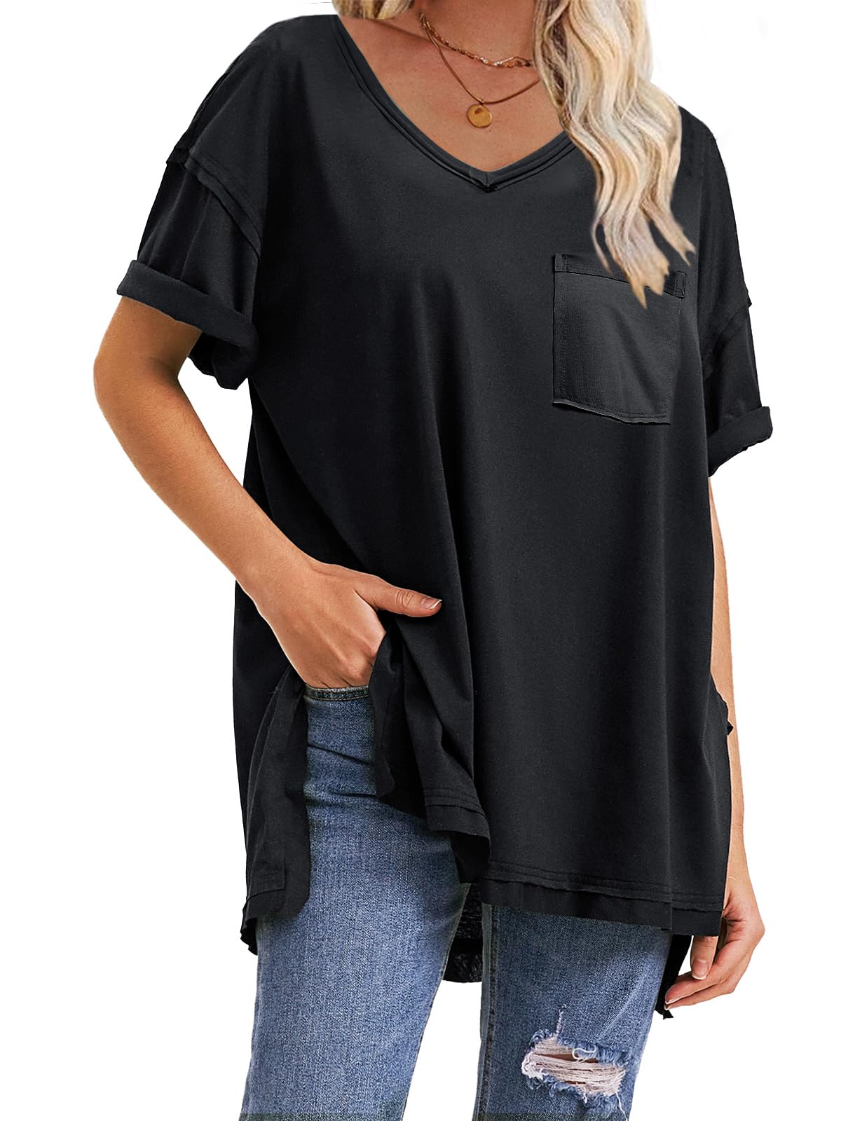 EXLURAWomens 2024 Summer Oversized T Shirts Loose Fit Short Sleeve V Neck Tops Athletic Workout Gym trendy Tee
