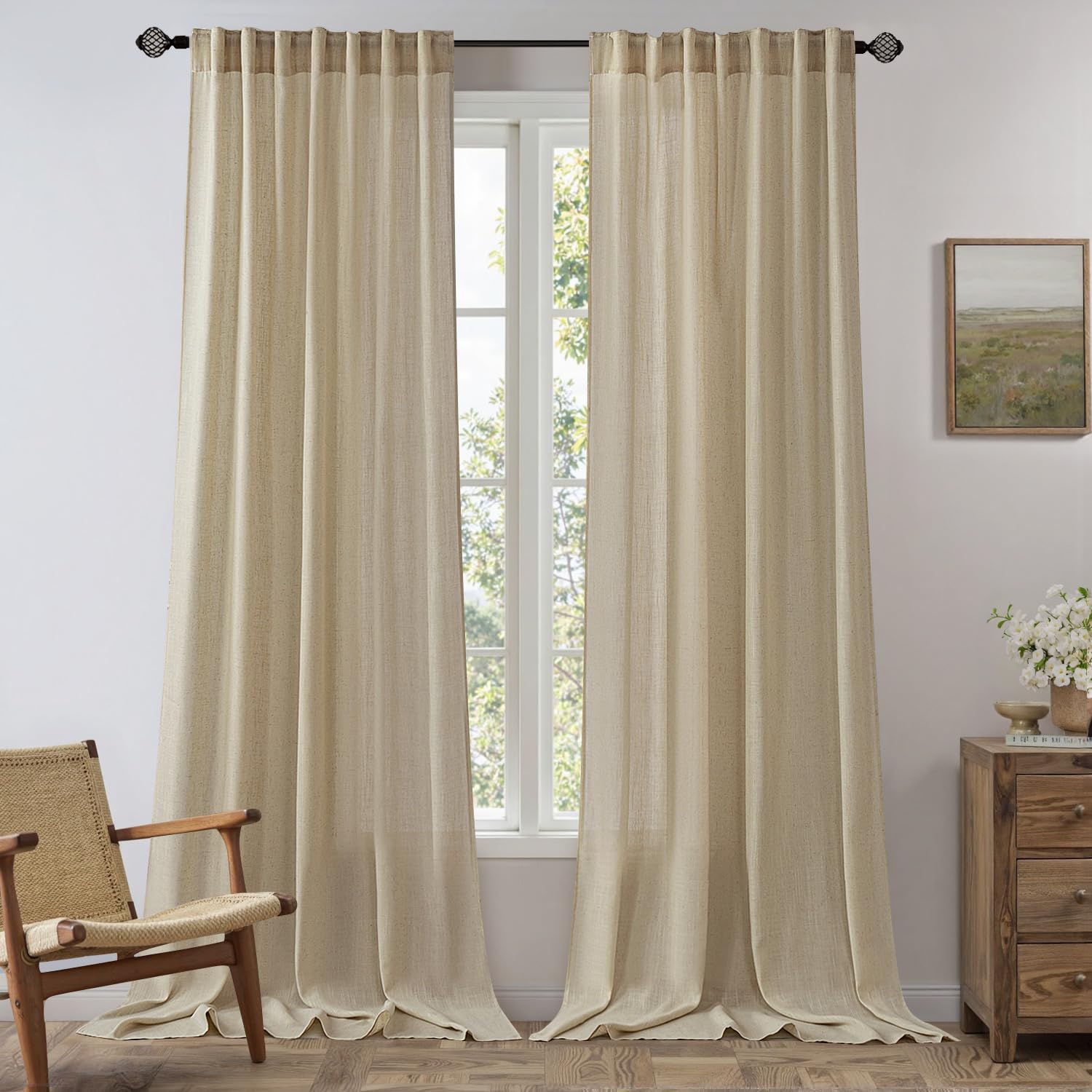 MIULEE Linen Curtains 96 Inch Length for Living Room 2 Panels, Tan Beige Rod Pocket Back Tab Light Filtering Semi Sheer Boho Soft Linen Window Drapes