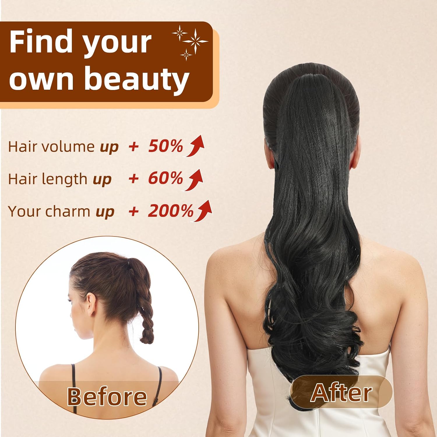 Black Ponytail Extension, Claw Clip Ponytail Extension for Women 22" Curly Wavy Ponytails Extensions long Ponytails Hair Piece