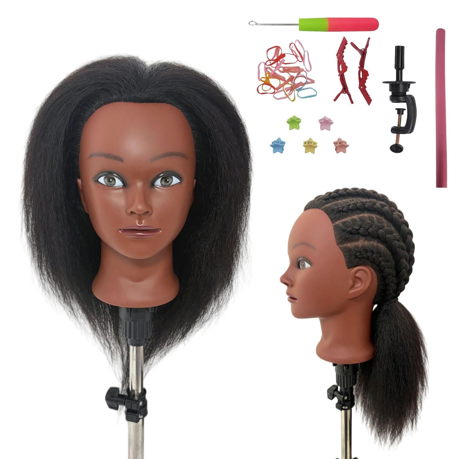 16" Black Mannequin Head for Braiding Practice, Mannequin Head with 100% Real Hair Cosmetology Training Doll Head for Hair Styling Kids