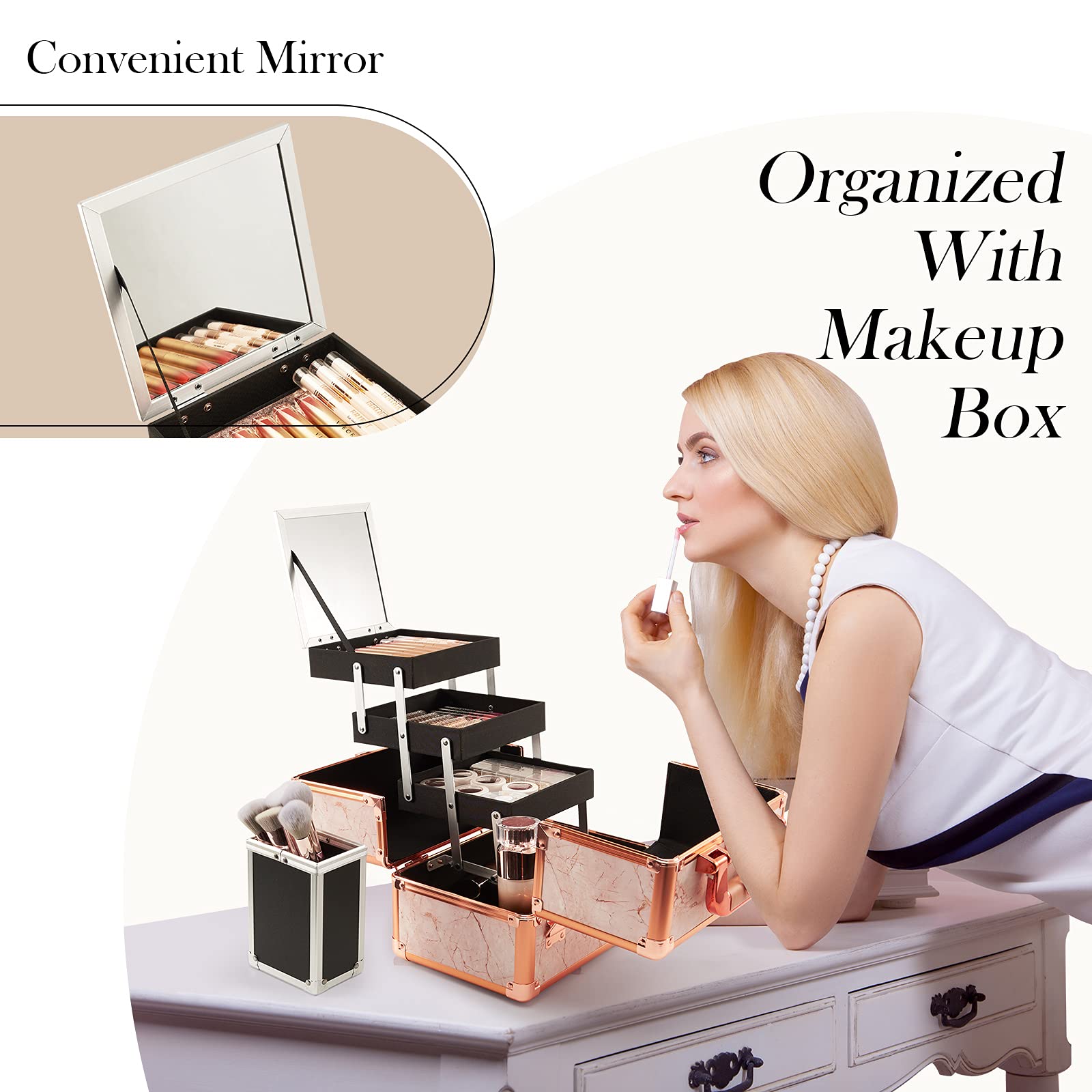 Costravio Makeup Train Case Rose Gold Cosmetic Box with Mirror & Brush