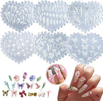 6Pcs 3D Silicone Nail Molds, Flowers Nail Charm Nail Art Silicone Mold