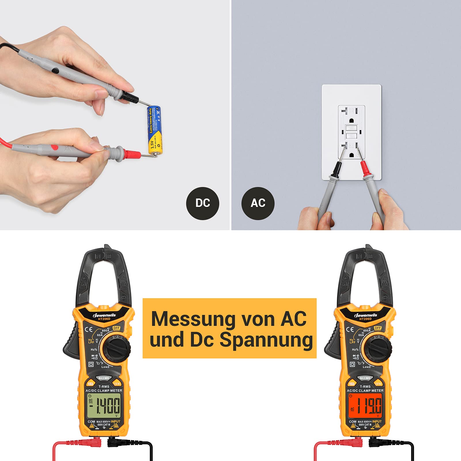 DEWENWILS Stromzange, 6000 Counts Strommesszange 600A AC/DC, Amperezange True RMS CAT III 600 V Auto-Ranging NCV, für AC/DC Spannung/Strom/Widerstand/Kapazitanz/Temperatur Messung