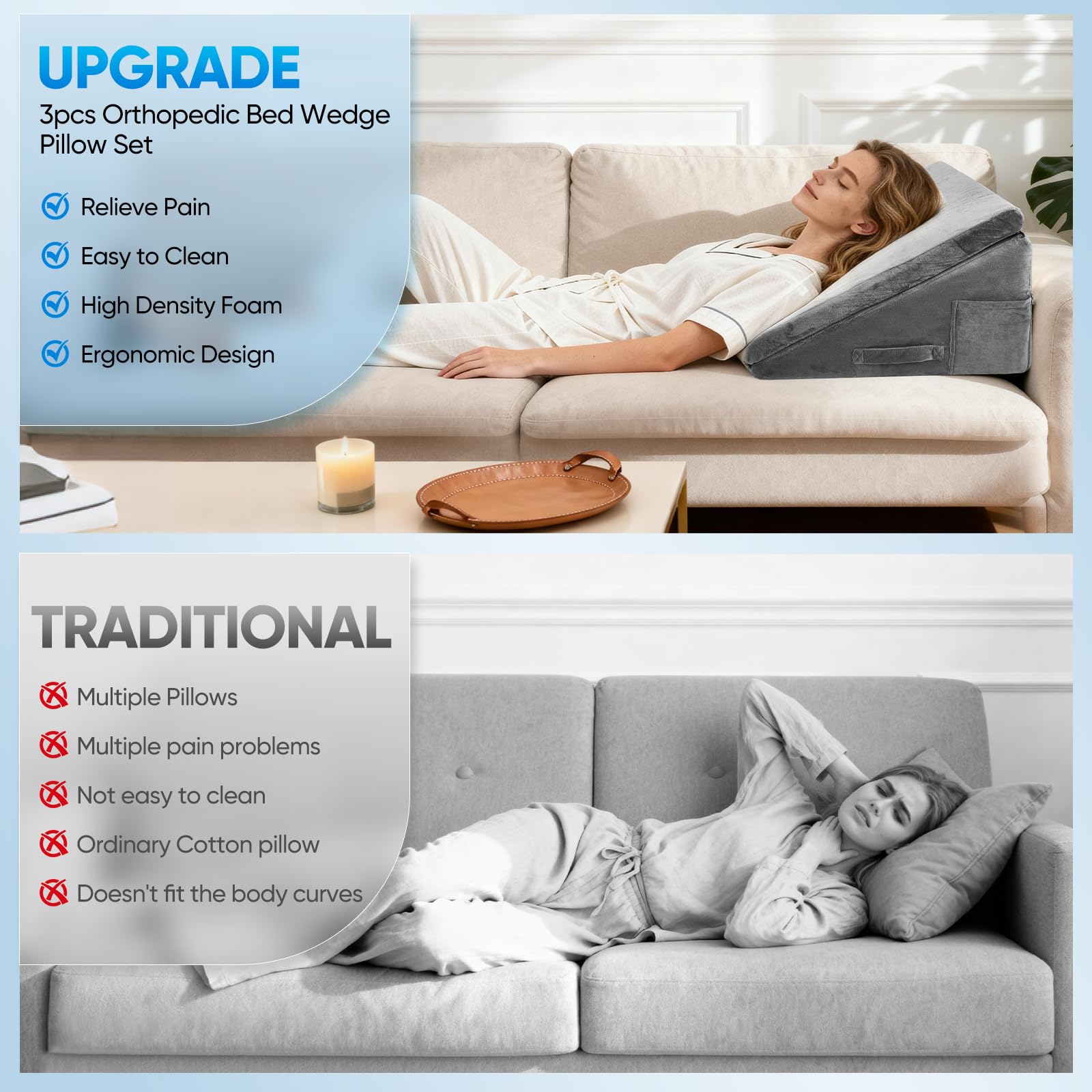 Almohada de cuña para cama de espuma viscoelástica con altura ajustable, almohada ortopédica para dormir, cojín de lectura, ideal para recuperación quirúrgica, reflujo, ronquidos, problemas de espalda