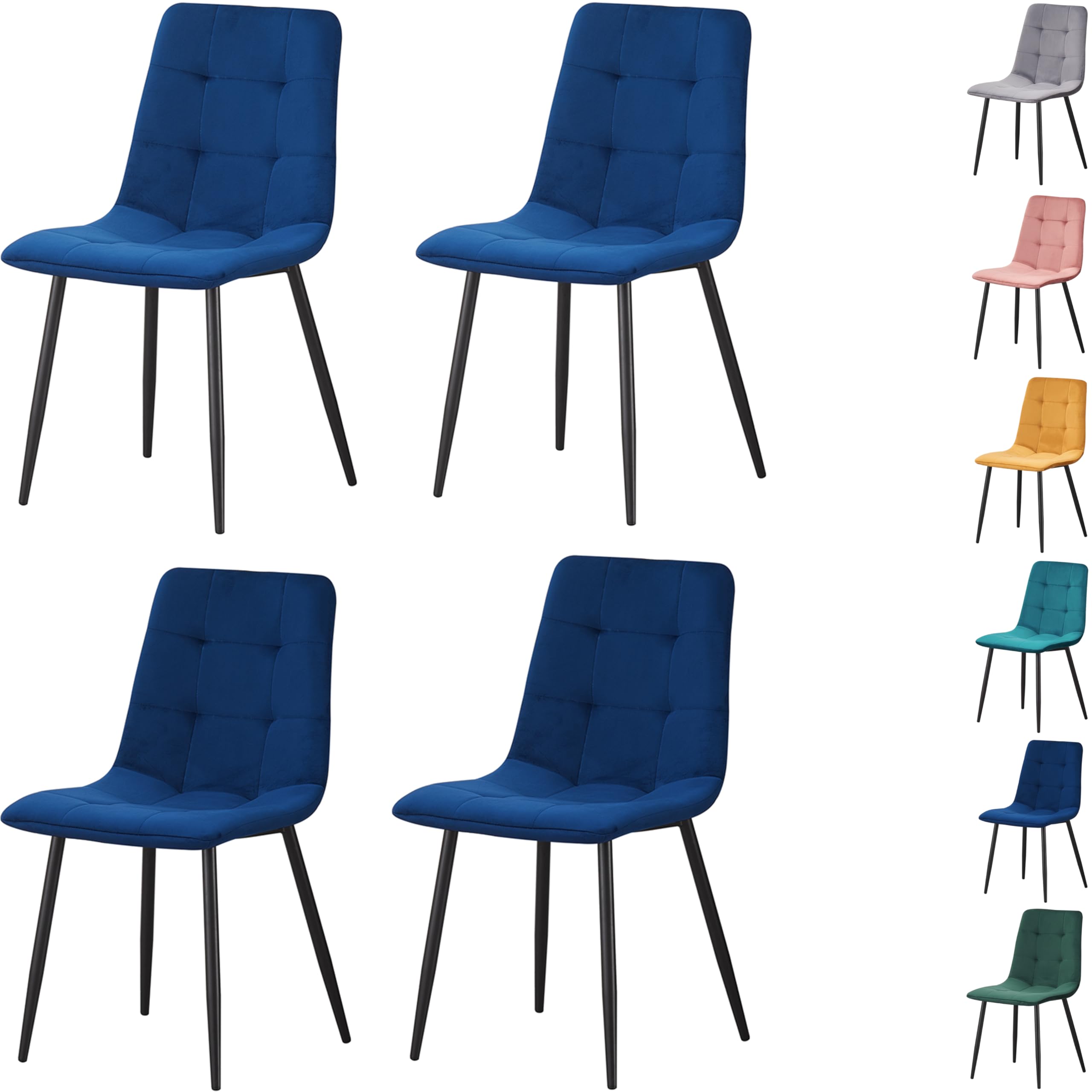MOF Home Modern Velvet Dining Chairs, Set of 4, Velvet Tufted Upholstered Kitchen Chairs with Metal Legs, Multi-Color (CHECK PATTERN, NAVY)
