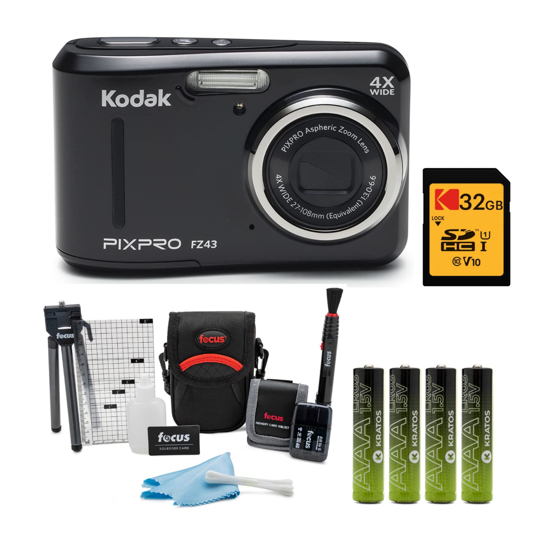 Amazon.com : Kodak PIXPRO FZ45 Friendly Zoom Digital Camera (Black) Bundle  with 32GB SD Memory Card, Camera Accessory Kit, and AAA Batteries (4-Pack)  (4 Items) : Electronics