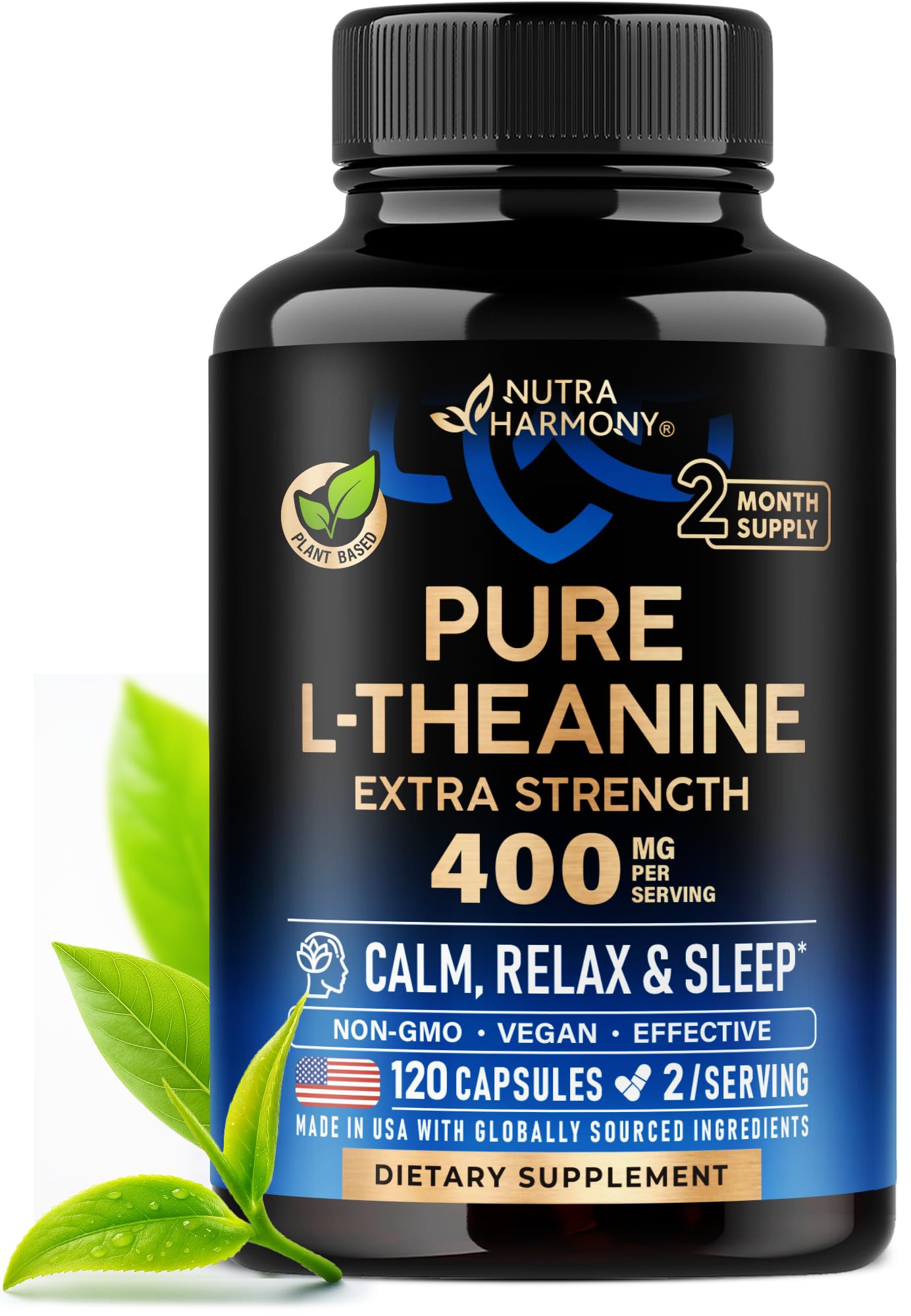 L Theanine 400 mg | L-Theanine Stress Relief | Extra Strength Supplement | Made in USA | Relaxation, Sleep & Calm Support | For Men & Women | Plant Based, Non-GMO & Gluten-Free | 120 Vegan Capsules